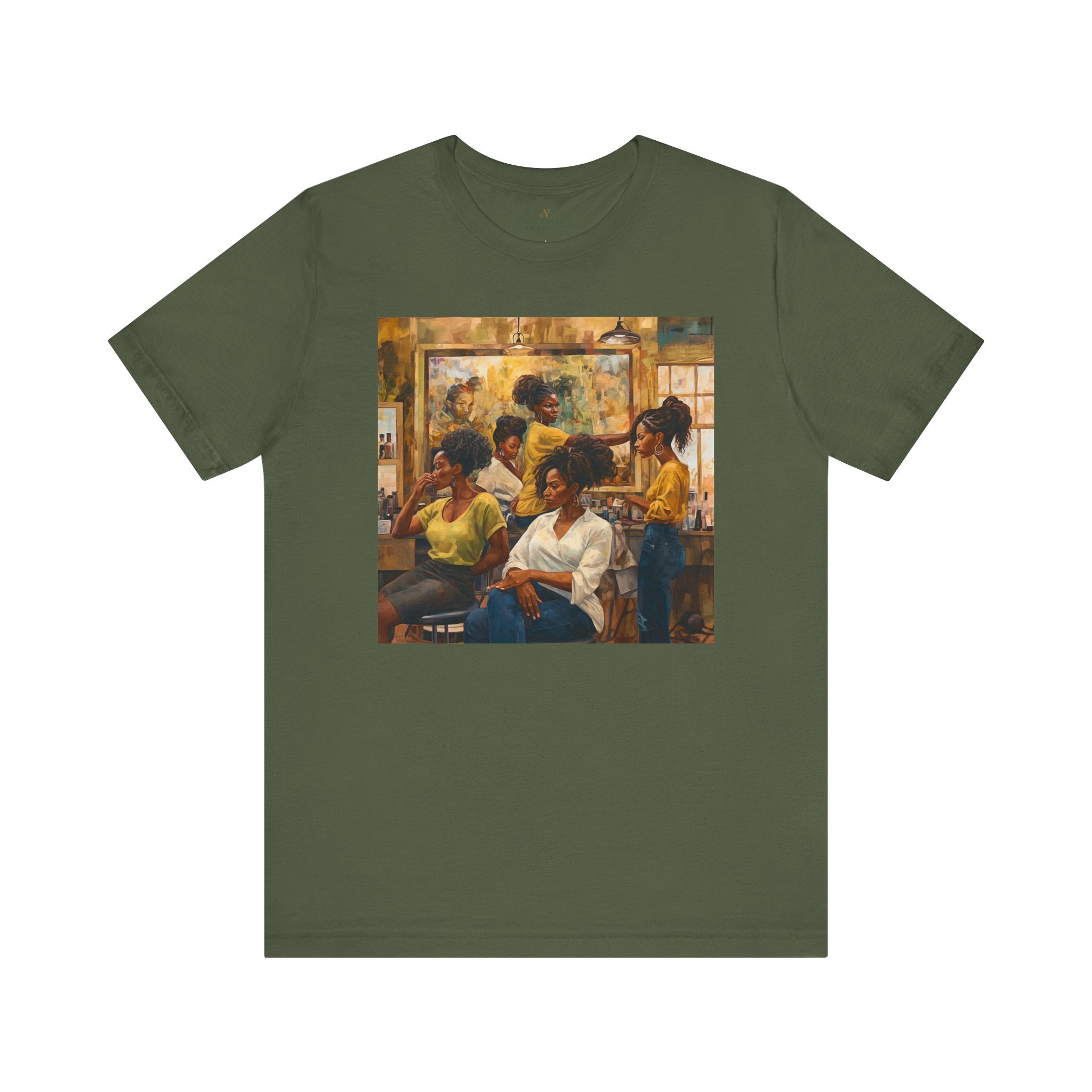 Black Beauty Shop Tee Shirt Black Hair Salon in military green.