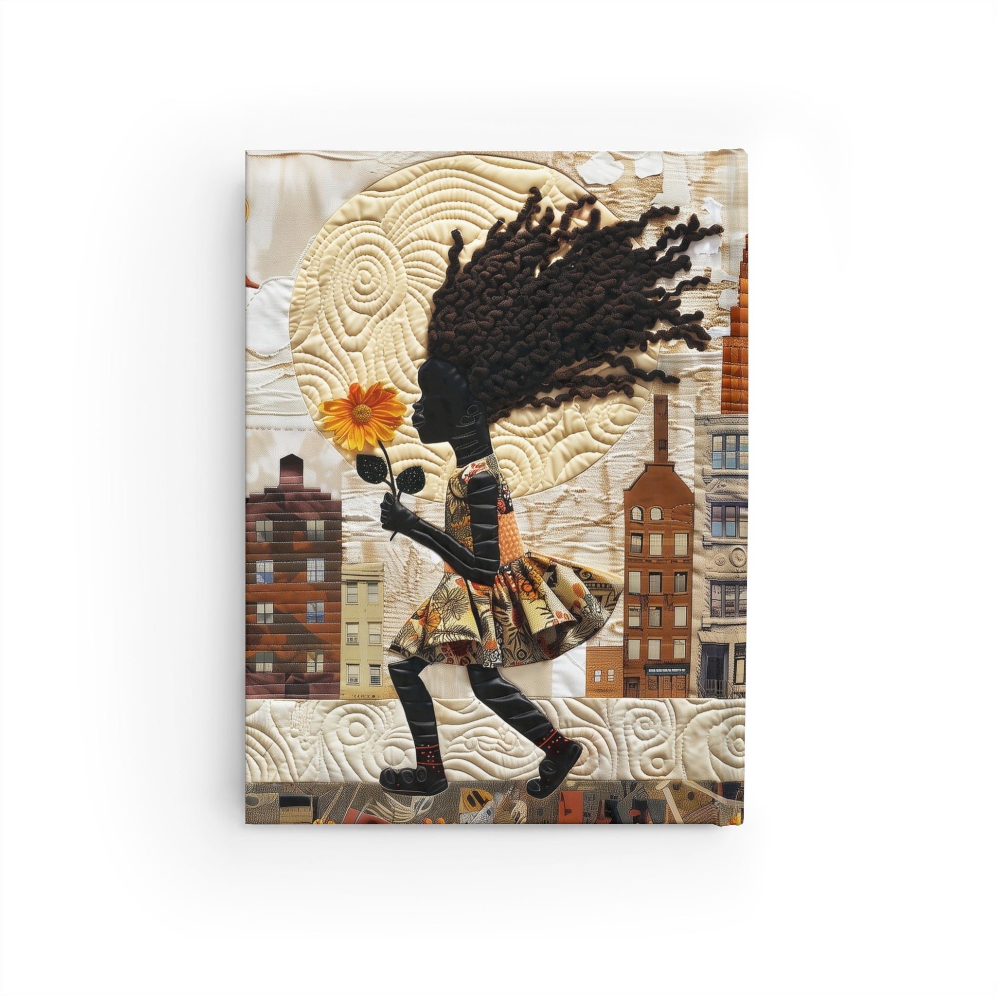 Back cover of a hardcover journal shown in a flat lay against a white background, featuring a young Black girl carrying a yellow sunflower as she walks through the historic streets of Harlem.