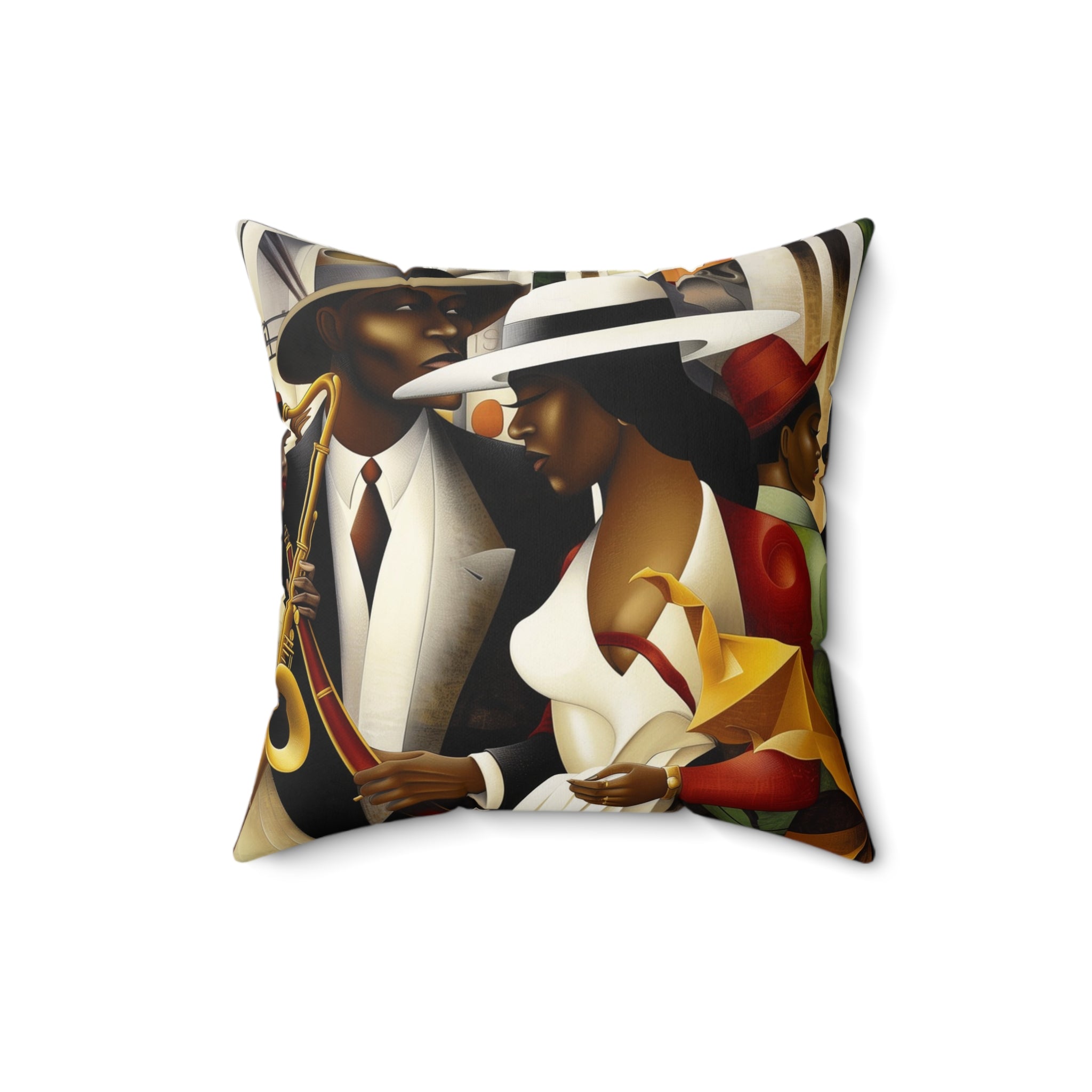 Harlem Renaissance Faux Suede Square Pillow featuring abstract jazz musicians in an Afrocentric Bauhaus style. African American home decor accent with vibrant colors and Afro-Bohemian flair.