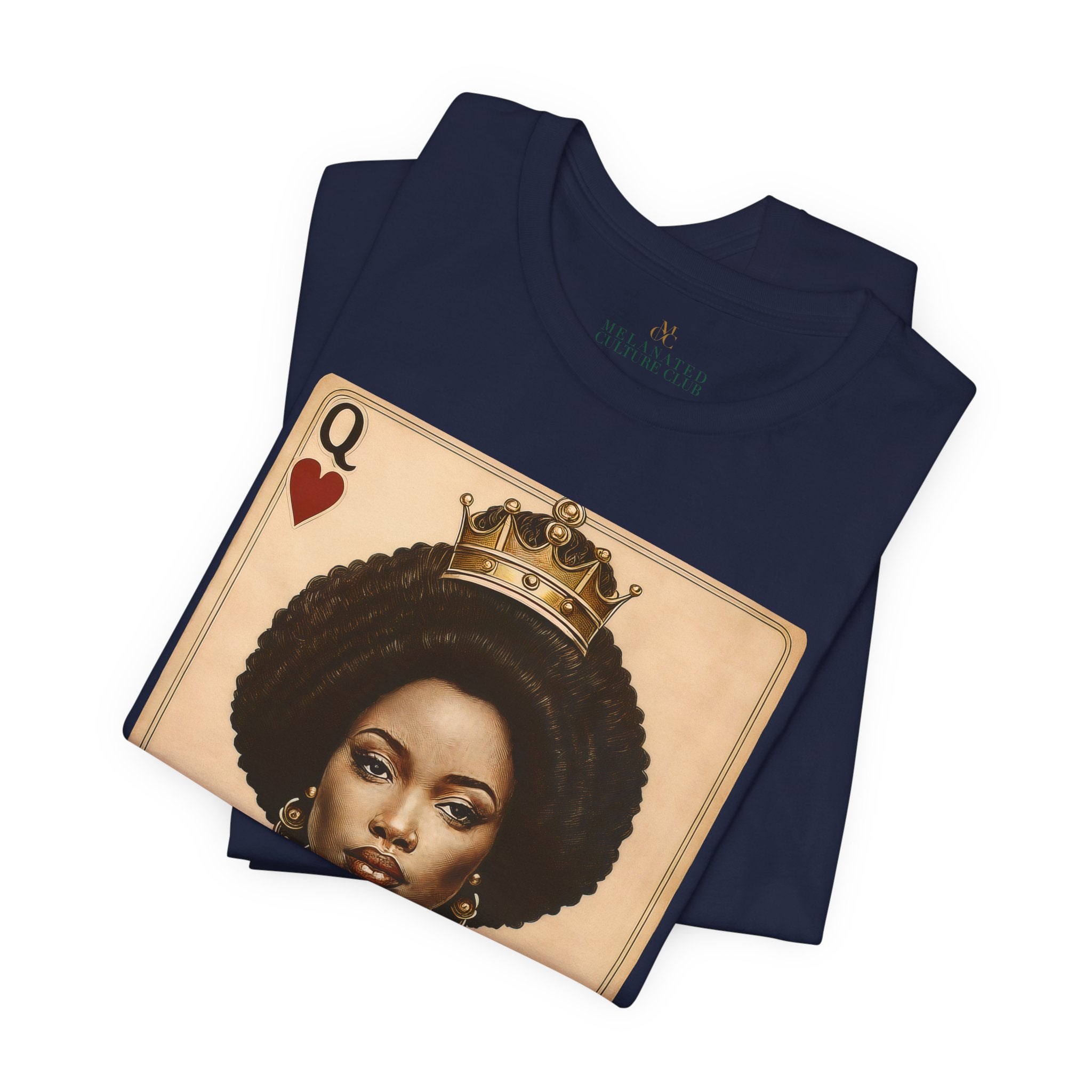 Black Queen of Hearts Tee Shirt featuring an illustrated African American woman with an afro and gold crown, styled as the Queen of Hearts playing card. Afrocentric vintage-inspired streetwear design in bold red, gold, and black colors.