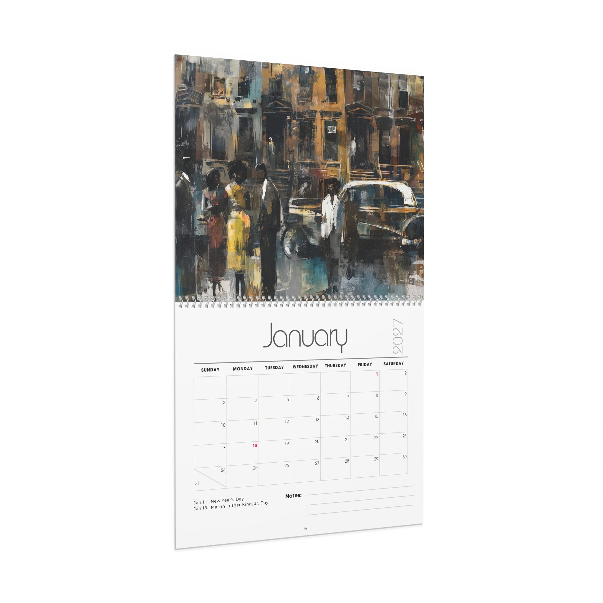A single-page wall calendar on a slight angle featuring the month of January on a white background. The top half features an illustration of vintage Harlem people and a car in muted blue, brown, black, and cream tones.
