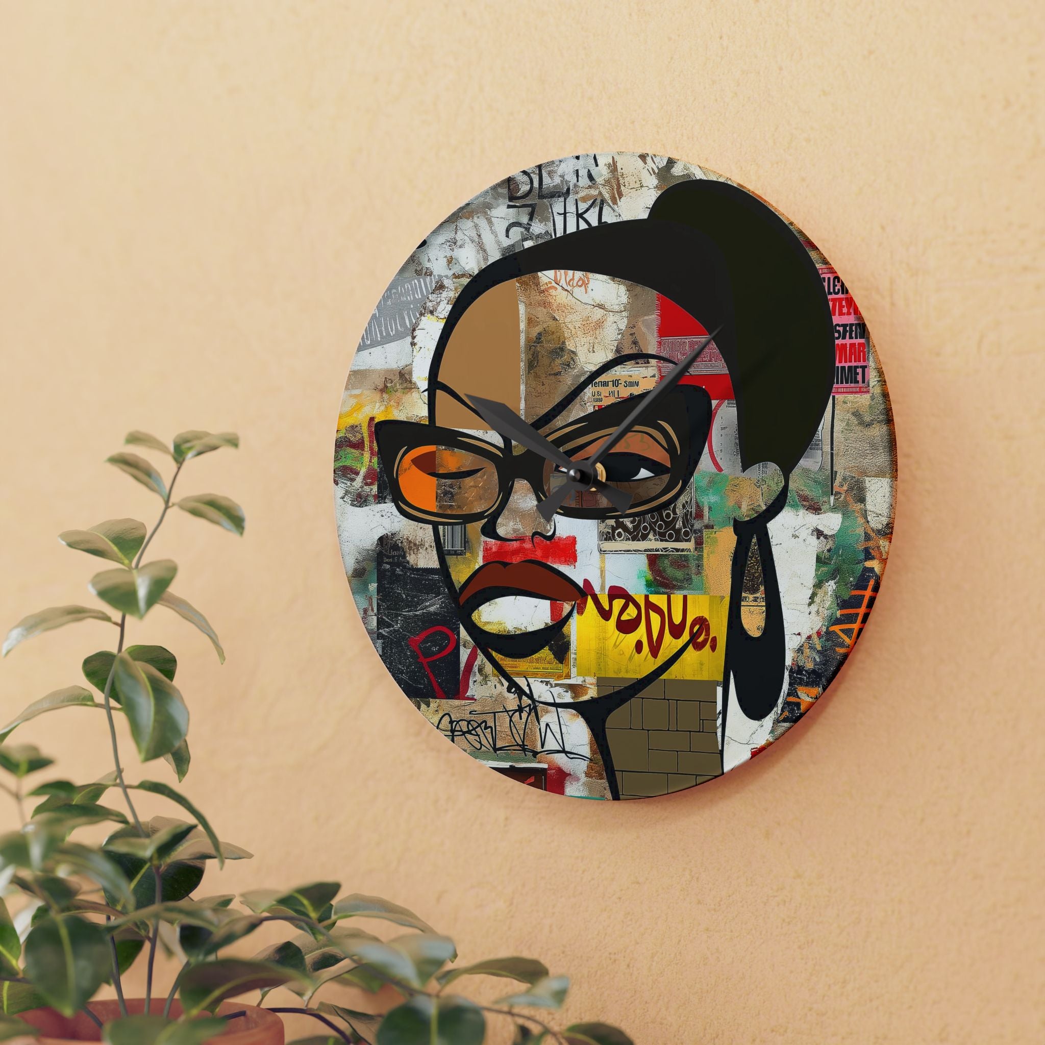 Boss Babe Black Girl Acrylic Wall Clock featuring a cartoon-style Black woman named Markeisha in a bold graffiti art design. Afrocentric modern wall decor celebrating Black girl magic, style, and empowerment.