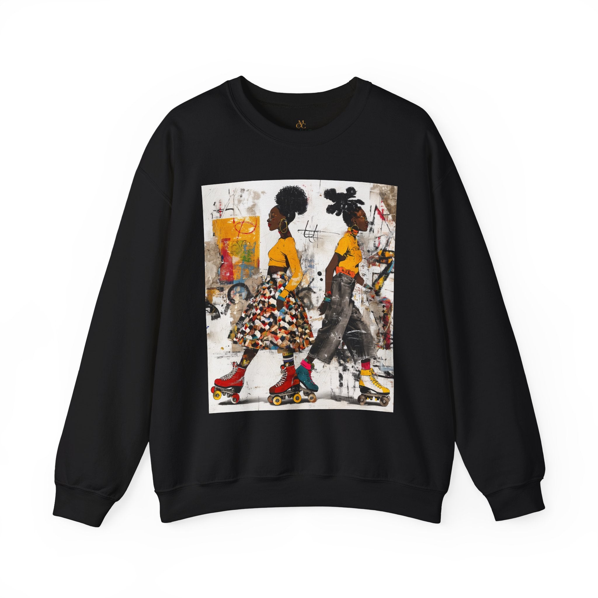Two Black women with natural hairstyles wearing bold streetwear and roller skates, standing against a colorful abstract graffiti background on an Afrocentric graphic sweatshirt.