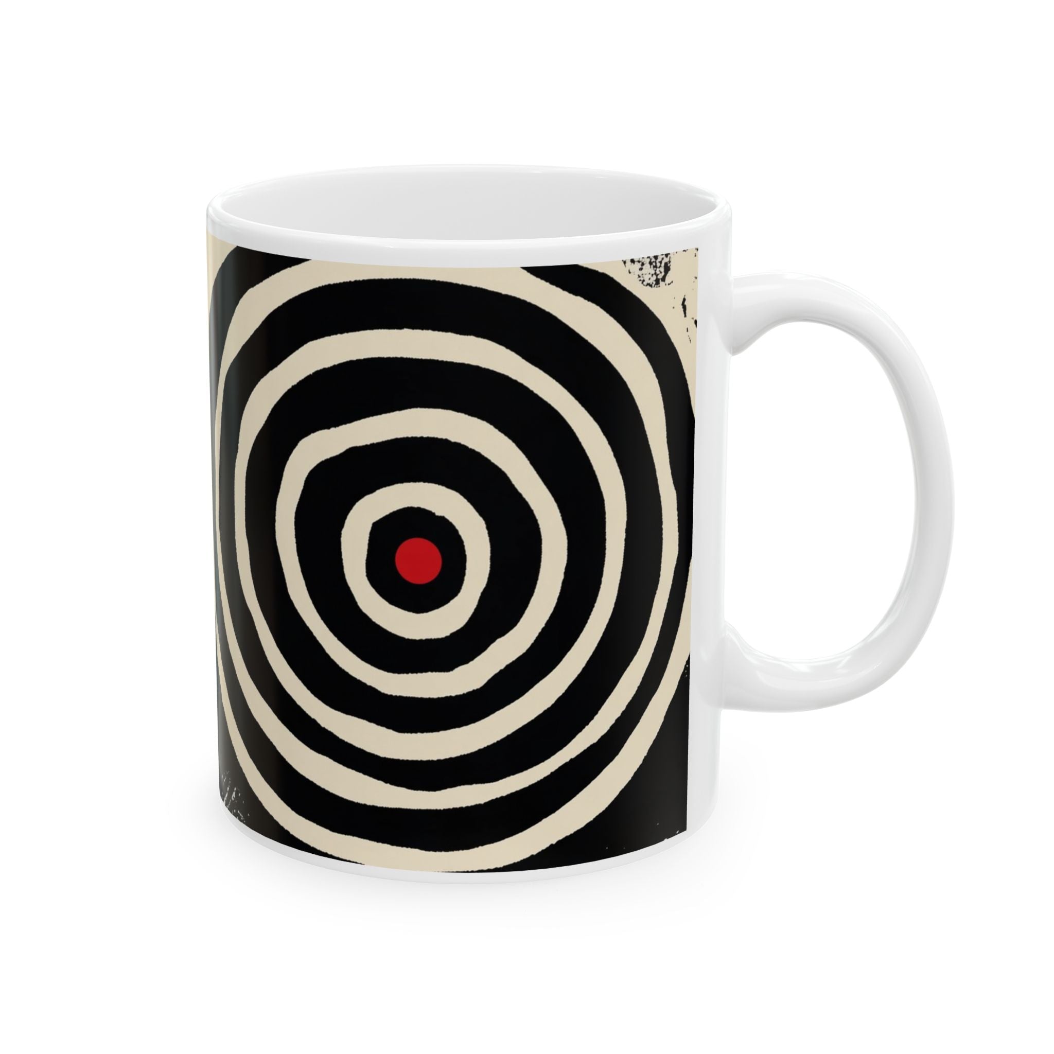 Right hand view of 11 oz. red, black and cream abstract art coffee mug featuring bold geometric circles, stripes, organic shapes and a Bauhaus-inspired modern design, displayed against a white background.