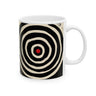 Right hand view of 11 oz. red, black and cream abstract art coffee mug featuring bold geometric circles, stripes, organic shapes and a Bauhaus-inspired modern design, displayed against a white background.