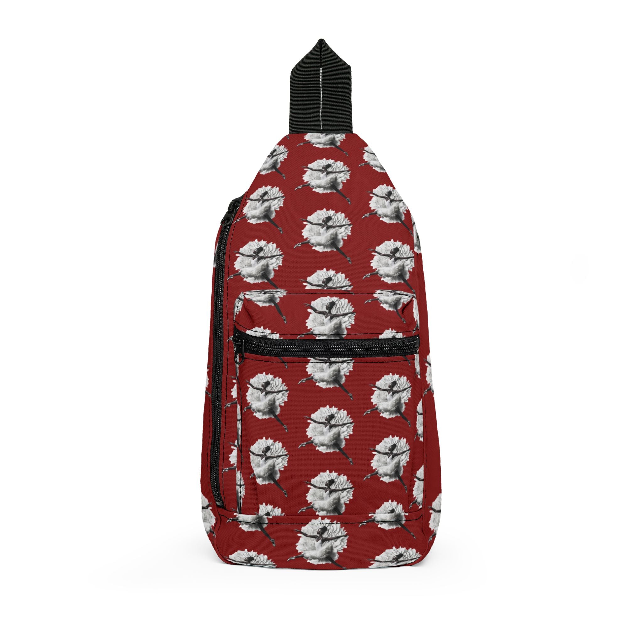 Crossbody sling bag featuring a graceful Black girl ballerina wearing a white tutu and ballet slippers in an elegant dance pose, celebrating ballet and African American representation.