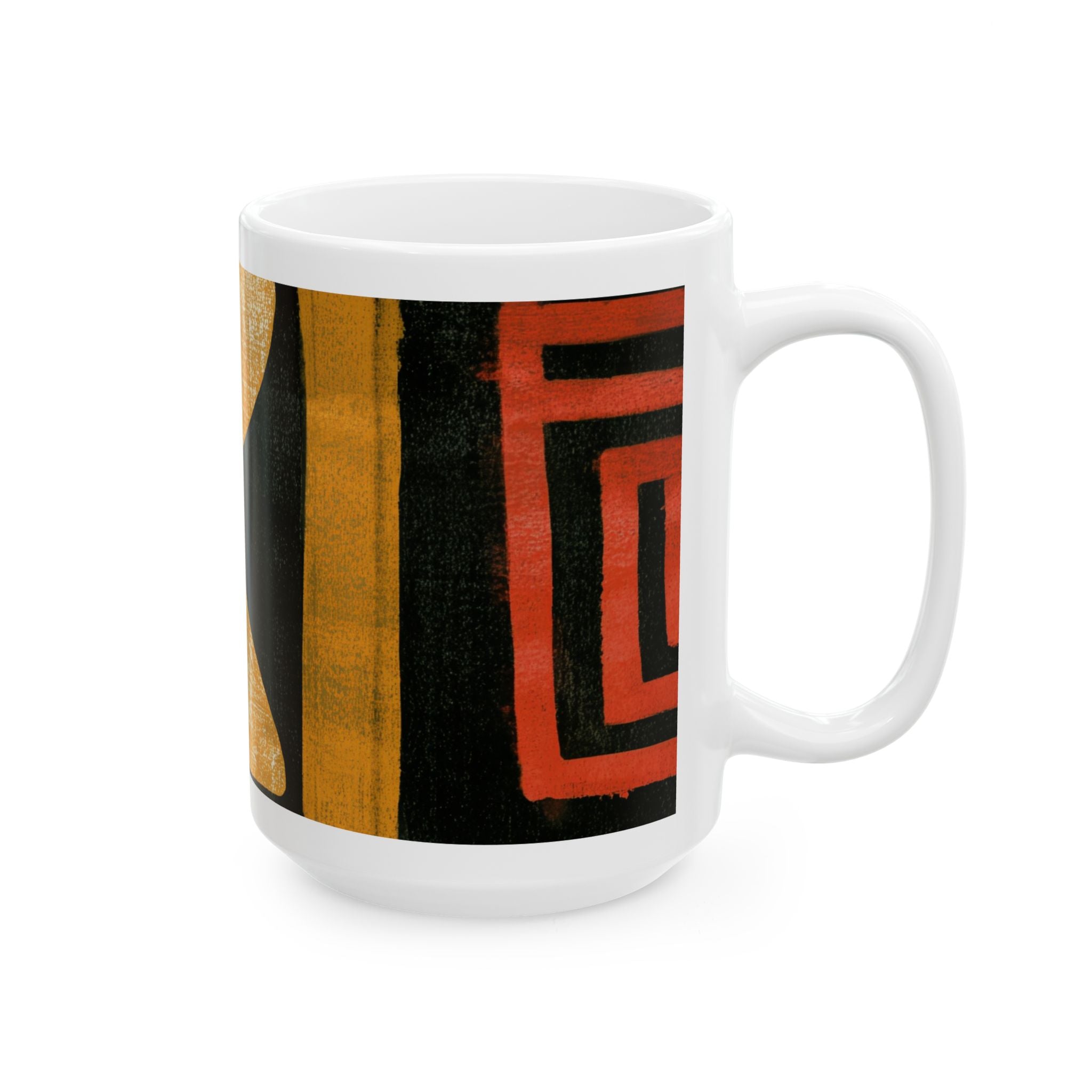 Left handle view of 15 oz Afrocentric abstract coffee mug featuring bold geometric shapes and textured patterns in red, gold, black, and cream, displayed against a white background.
