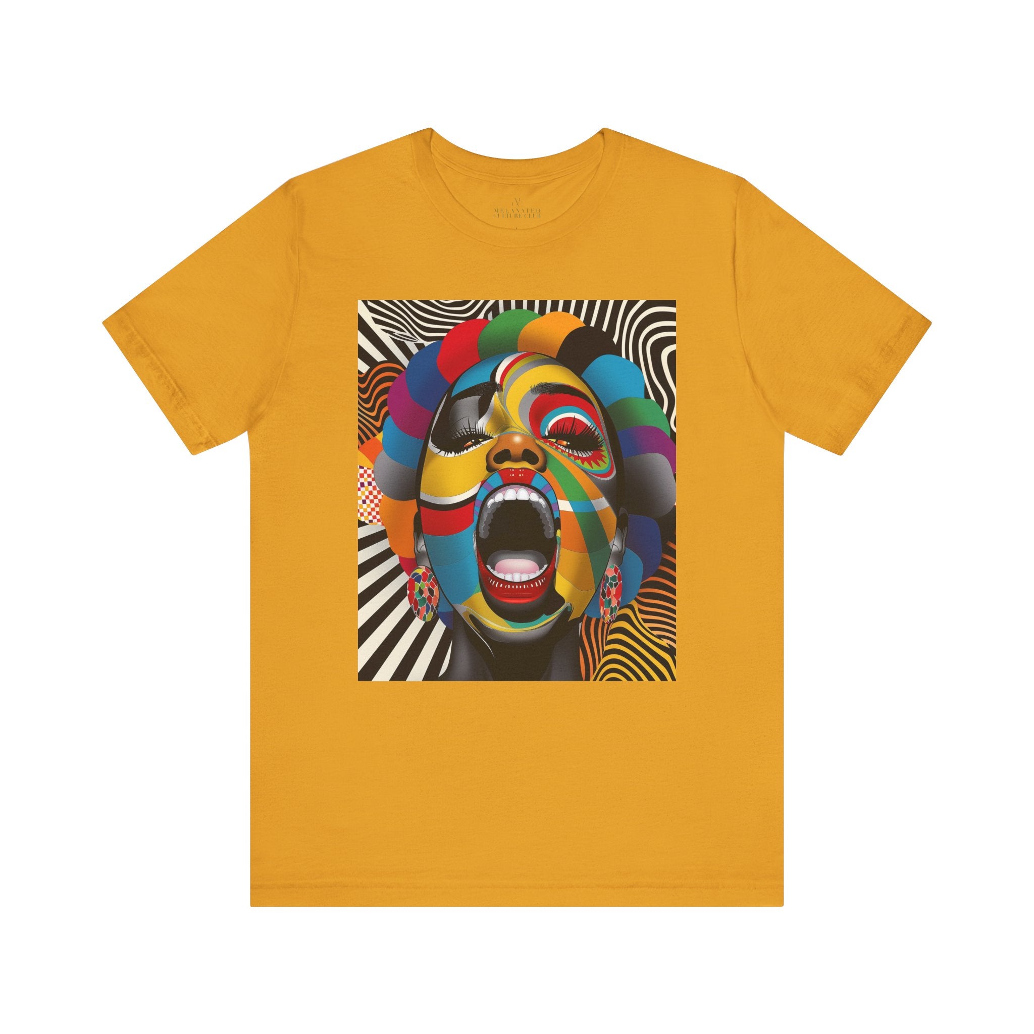 Black woman pop art tee, Afrocentric graphic shirt, scream comic tee, retro 70s psychedelic top, Black streetwear fashion, Afro pop culture shirt, vibrant Black woman art tee, halftone retro t-shirt, Afro art clothing, bold comic style tee