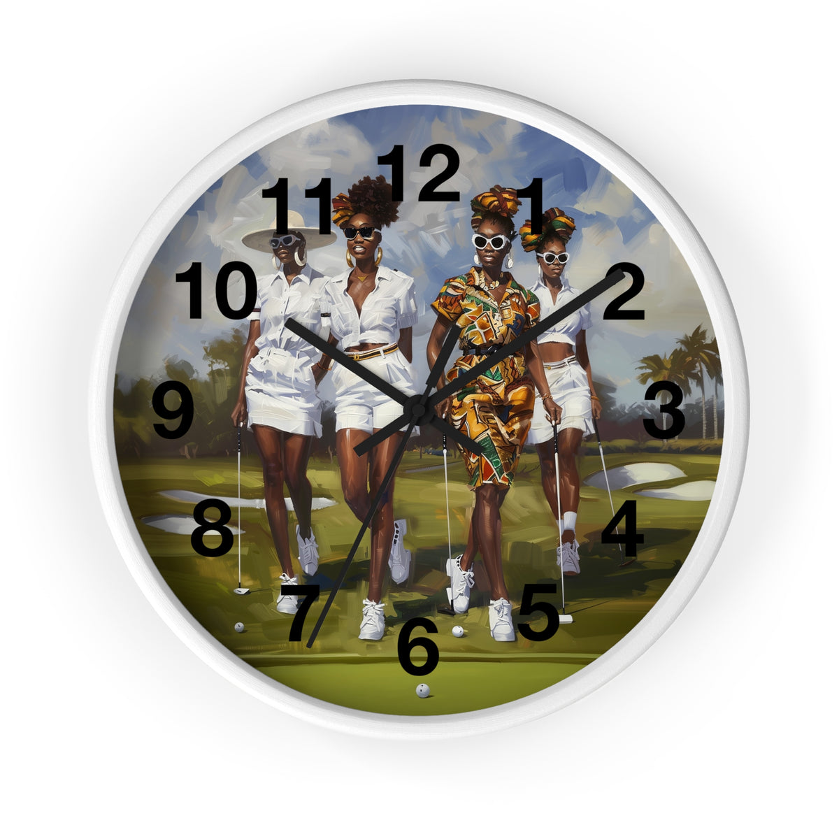 Round wall clock with a white frame and a printed design of four Black women walking on a golf course, with black numerals and hands.