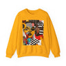 Black Women Collage Art Sweatshirt featuring a vibrant multidimensional “Soul Sister” pop art design in bold colors, Afrocentric graphic crewneck celebrating cultural pride and heritage.