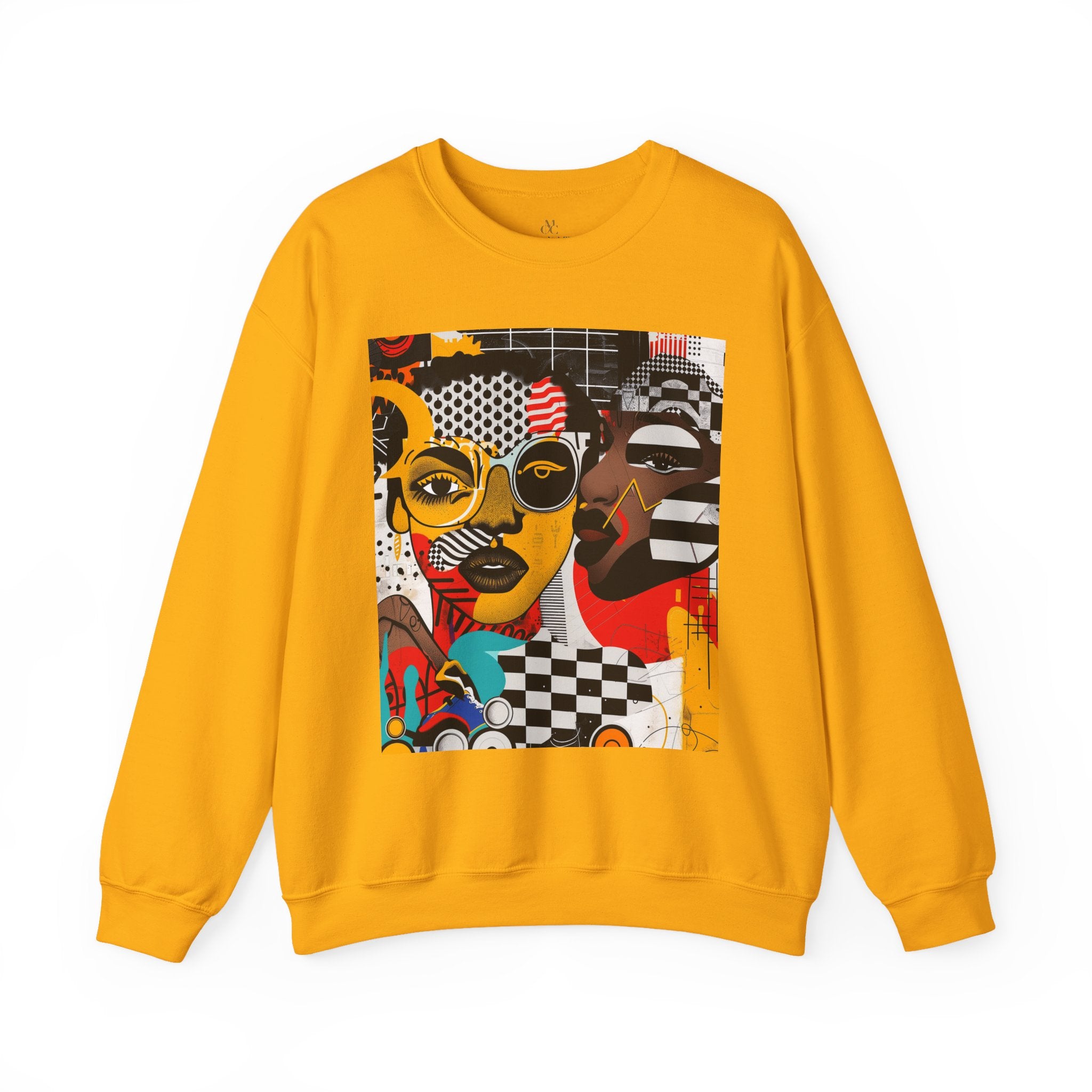 Black Women Collage Art Sweatshirt featuring a vibrant multidimensional “Soul Sister” pop art design in bold colors, Afrocentric graphic crewneck celebrating cultural pride and heritage.