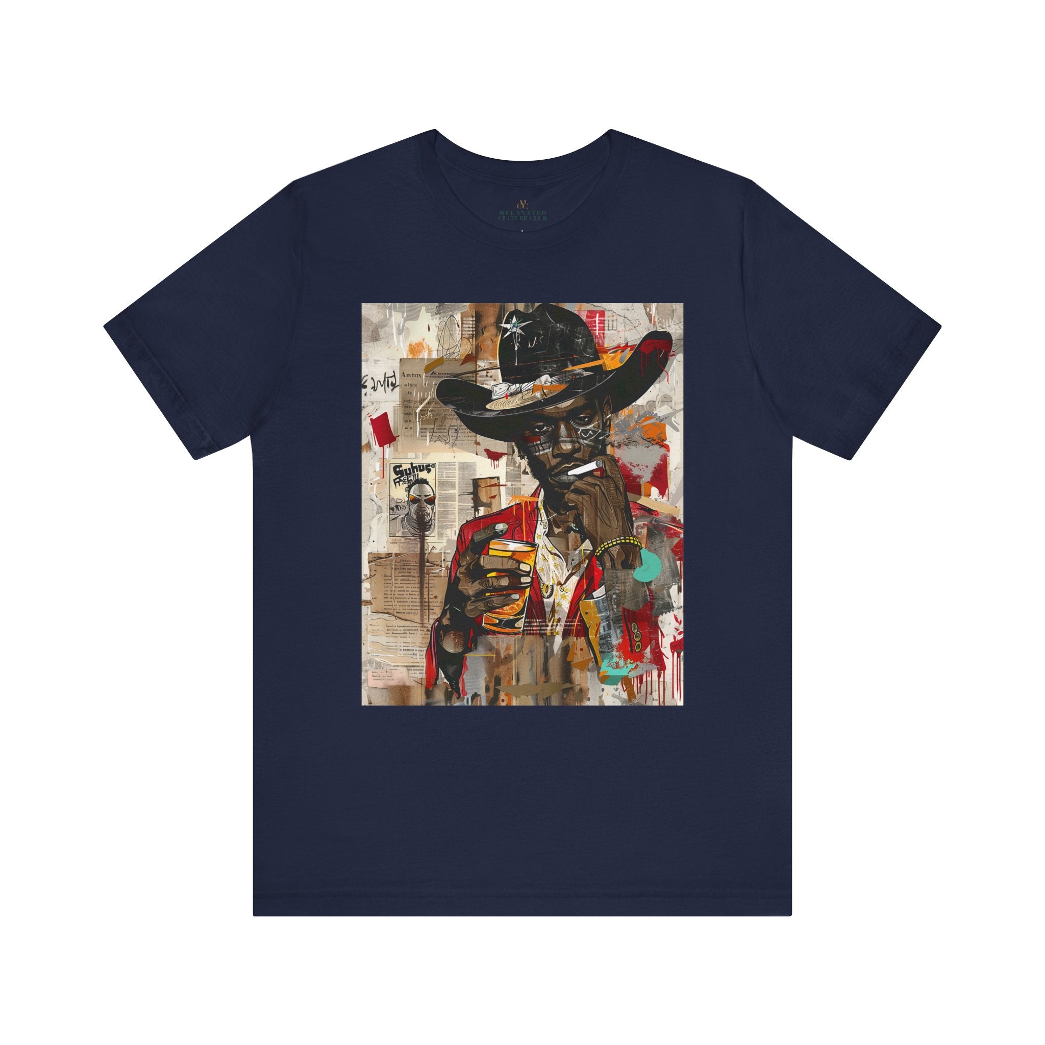 Black Cowboy Unisex Tee Pop Art Collage Edgy Graffiti Style Shirt in navy - Style 01.