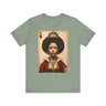 Black Queen of Hearts Tee Shirt featuring an illustrated African American woman with an afro and gold crown, styled as the Queen of Hearts playing card. Afrocentric vintage-inspired streetwear design in bold red, gold, and black colors.