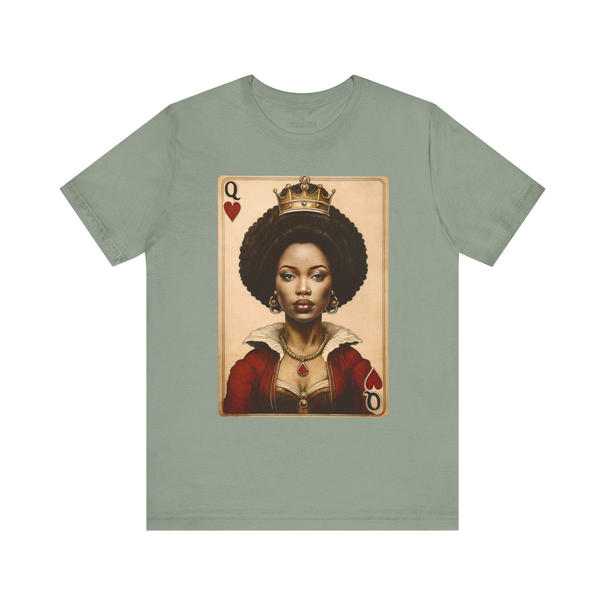 Black Queen of Hearts Tee Shirt featuring an illustrated African American woman with an afro and gold crown, styled as the Queen of Hearts playing card. Afrocentric vintage-inspired streetwear design in bold red, gold, and black colors.