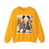 Two Black women with natural hairstyles wearing bold streetwear and roller skates, standing against a colorful abstract graffiti background on an Afrocentric graphic sweatshirt.
