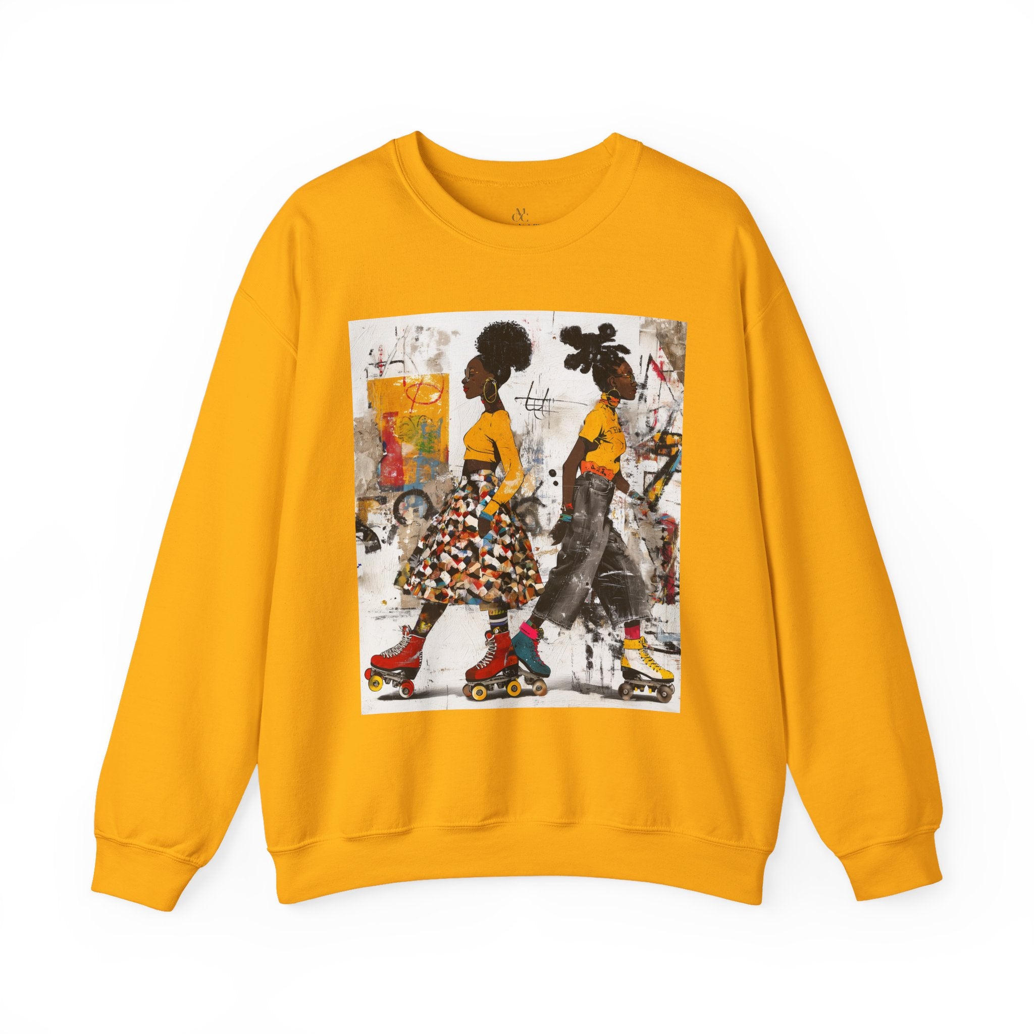 Two Black women with natural hairstyles wearing bold streetwear and roller skates, standing against a colorful abstract graffiti background on an Afrocentric graphic sweatshirt.
