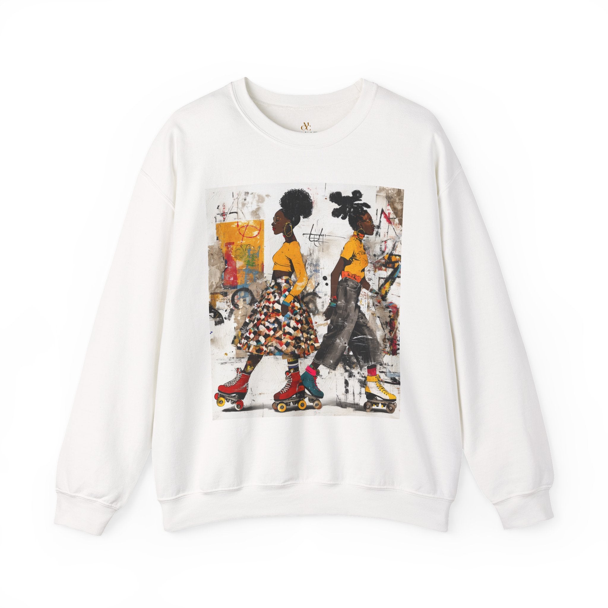 Two Black women with natural hairstyles wearing bold streetwear and roller skates, standing against a colorful abstract graffiti background on an Afrocentric graphic sweatshirt.