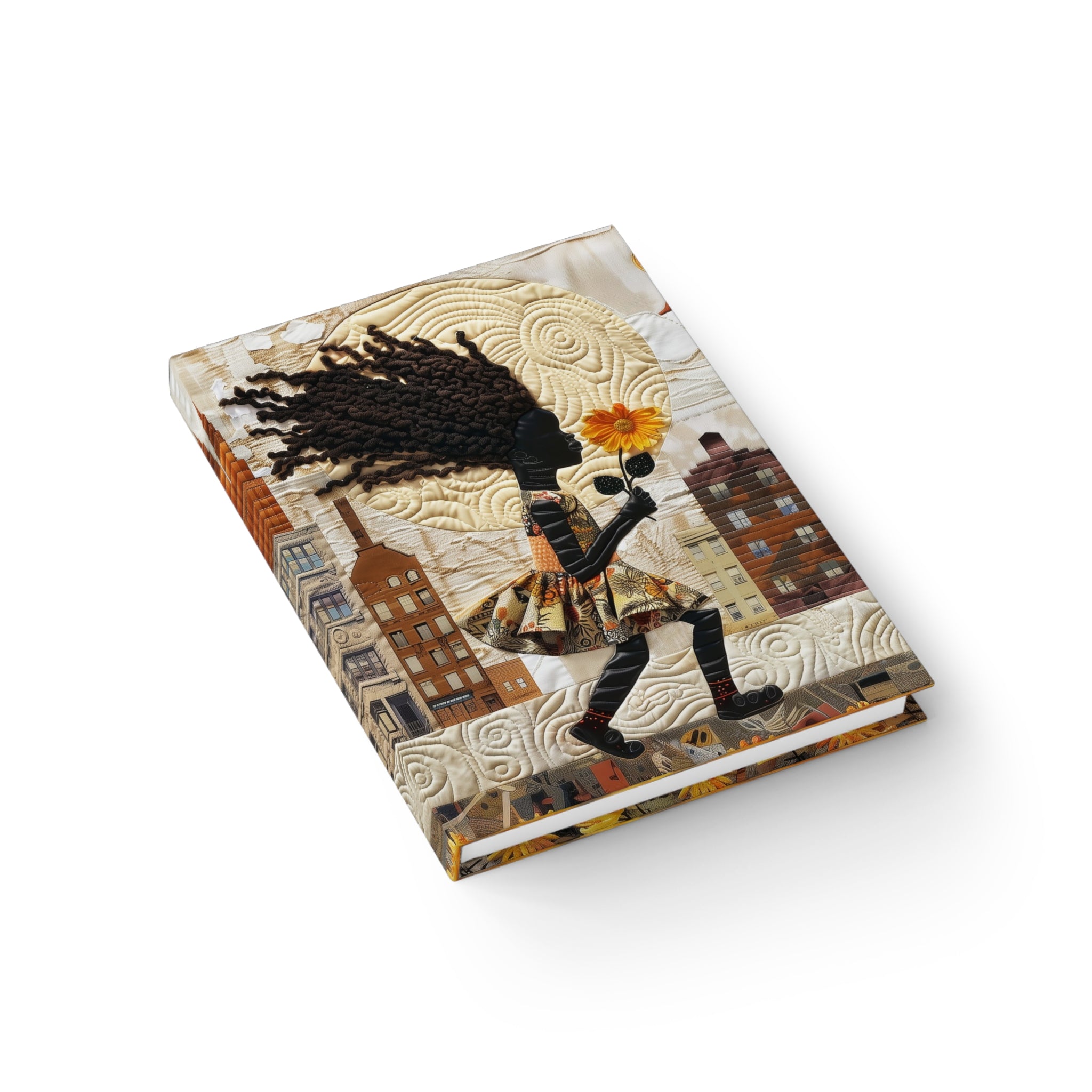 Hardcover journal displayed in a flat lay at an angled view to showcase the cover and page edges against a white background, featuring a young Black girl carrying a yellow sunflower as she walks through the historic streets of Harlem, with iconic brownstones in the background.
