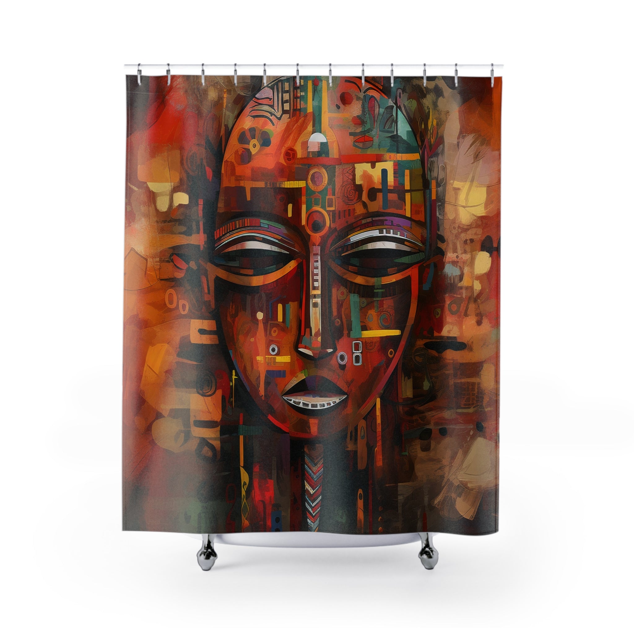 Bathroom shower curtain featuring an abstract African mask design with bold Afrocentric patterns, ideal for African-inspired home decor.
