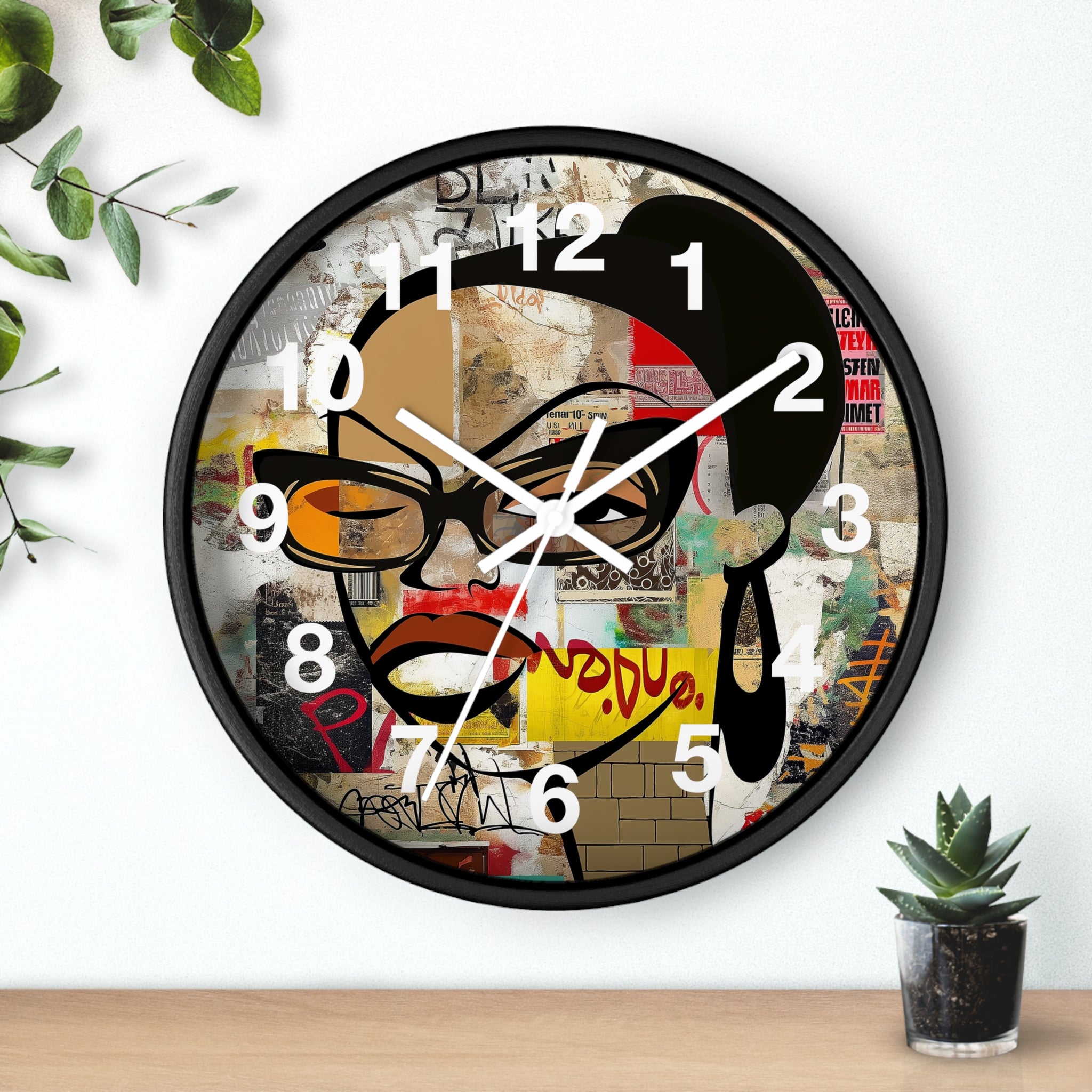 Boss Babe Black Girl Wall Clock featuring Afrocentric cartoon character Markeisha in vibrant graffiti art style. Black woman empowerment decor for modern home or office.