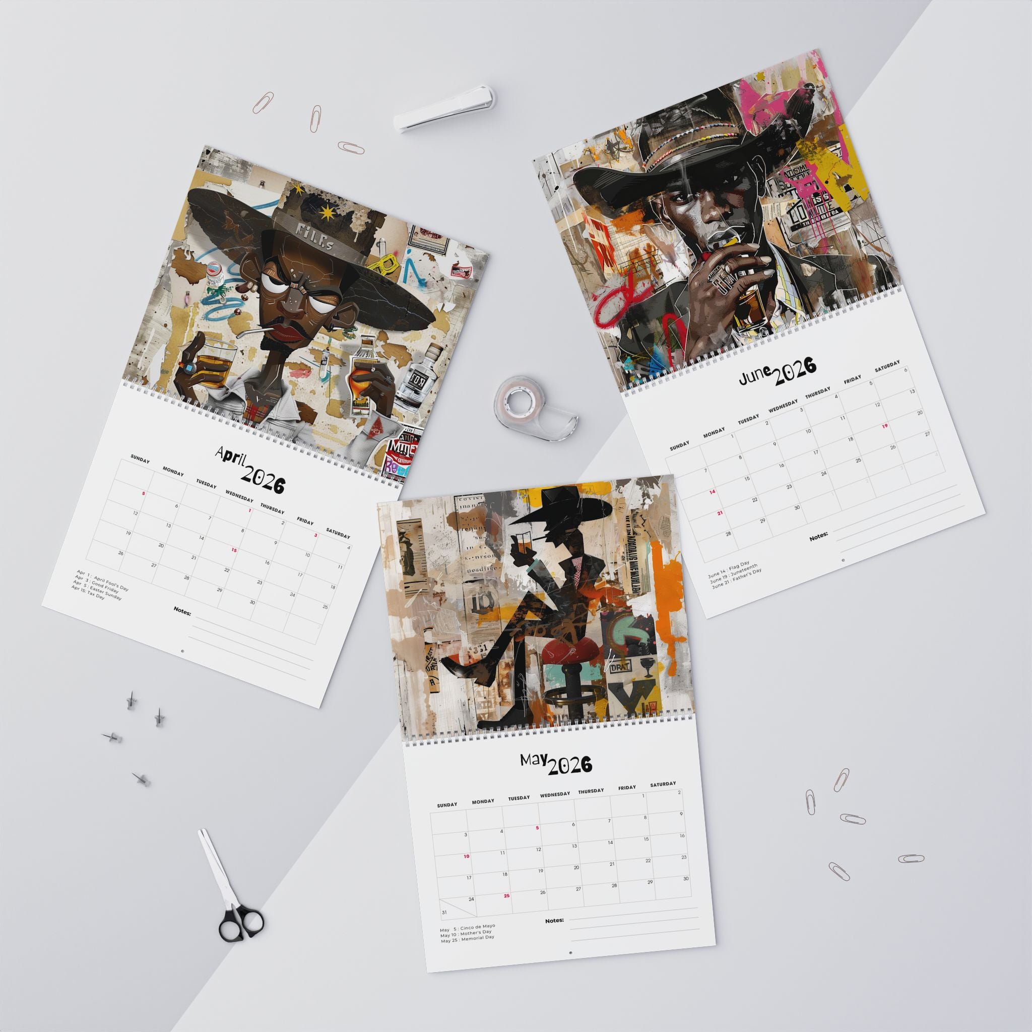 2026 Black Cowboys Wall Calendar featuring Afrocentric cartoon and graffiti-style artwork. Bold calendar celebrating African American cowboys, Western heritage, and Black culture—perfect for home or office décor. 
