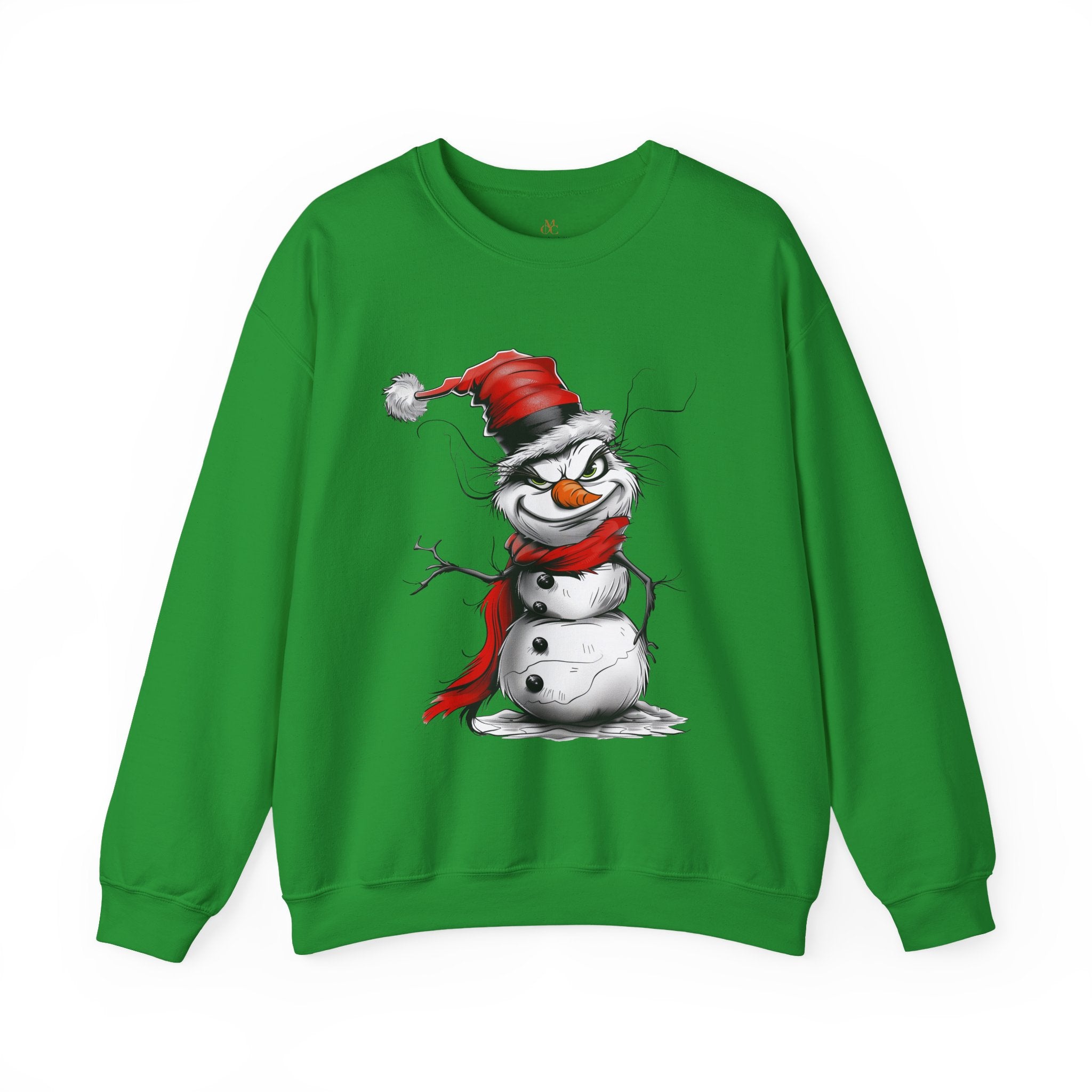 Snowman Grinch Sweatshirt featuring a unique snowman with a naughty, Grinch-inspired face – festive holiday Christmas sweater perfect for parties and seasonal wear.