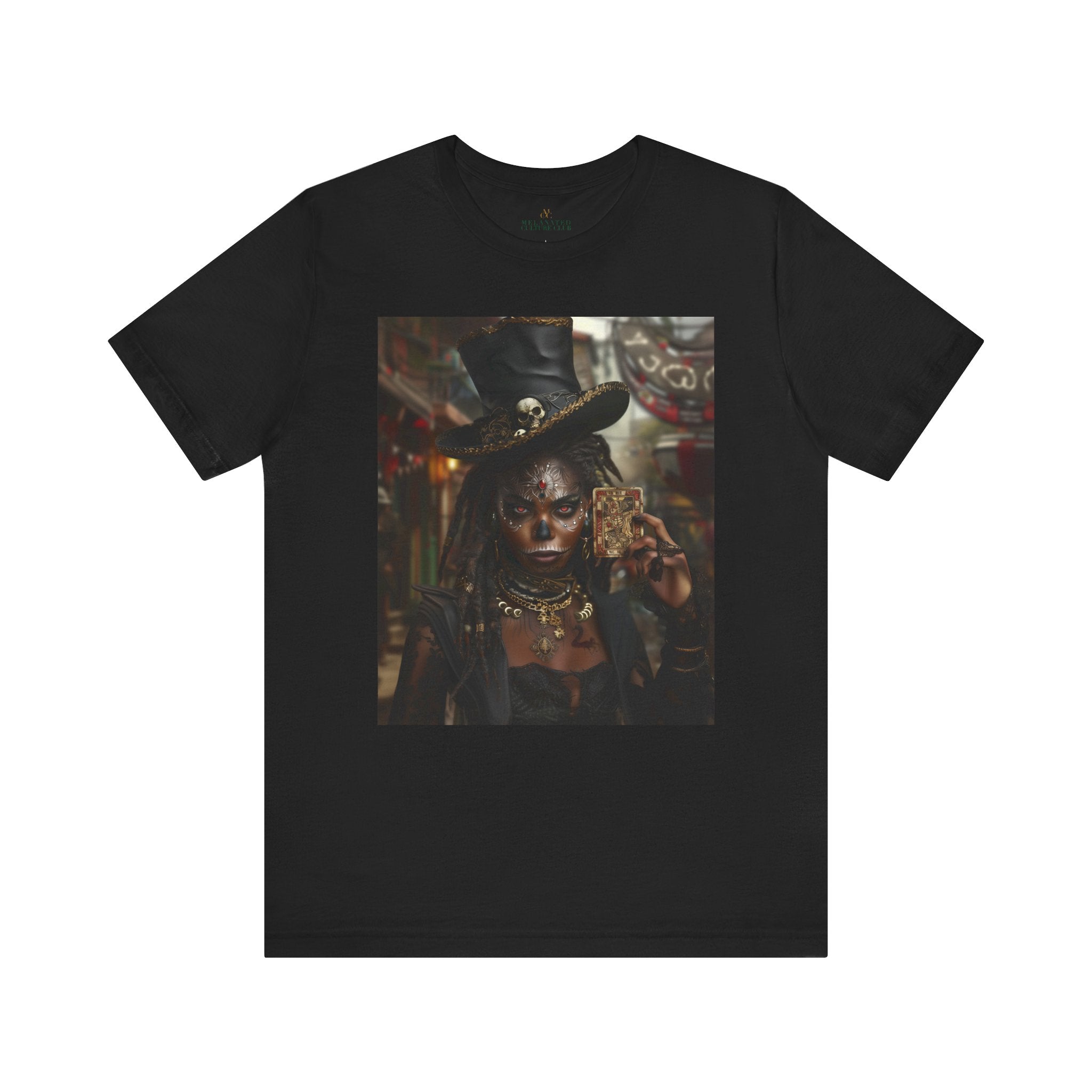 Voodoo Priestess Tee Shirt featuring Afrocentric gothic artwork of a woman with skull face paint, red eyes, and holding a tarot card. Dark fantasy Afrocentric graphic tee for mysticism, culture, and streetwear fashion.