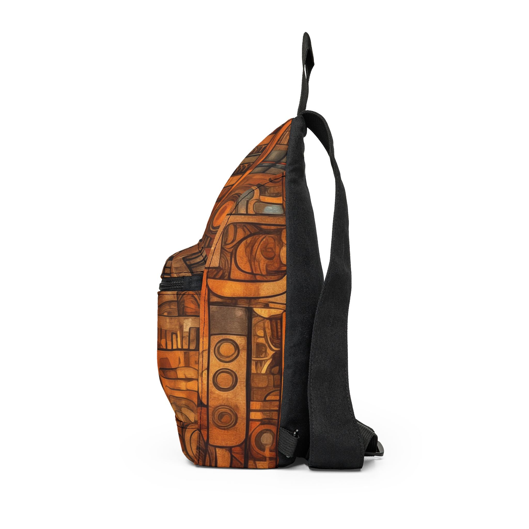 Colorful abstract Afrocentric crossbody sling bag featuring vibrant collage art with bold geometric shapes, layered textures, rich colors, and contemporary cultural-inspired design.