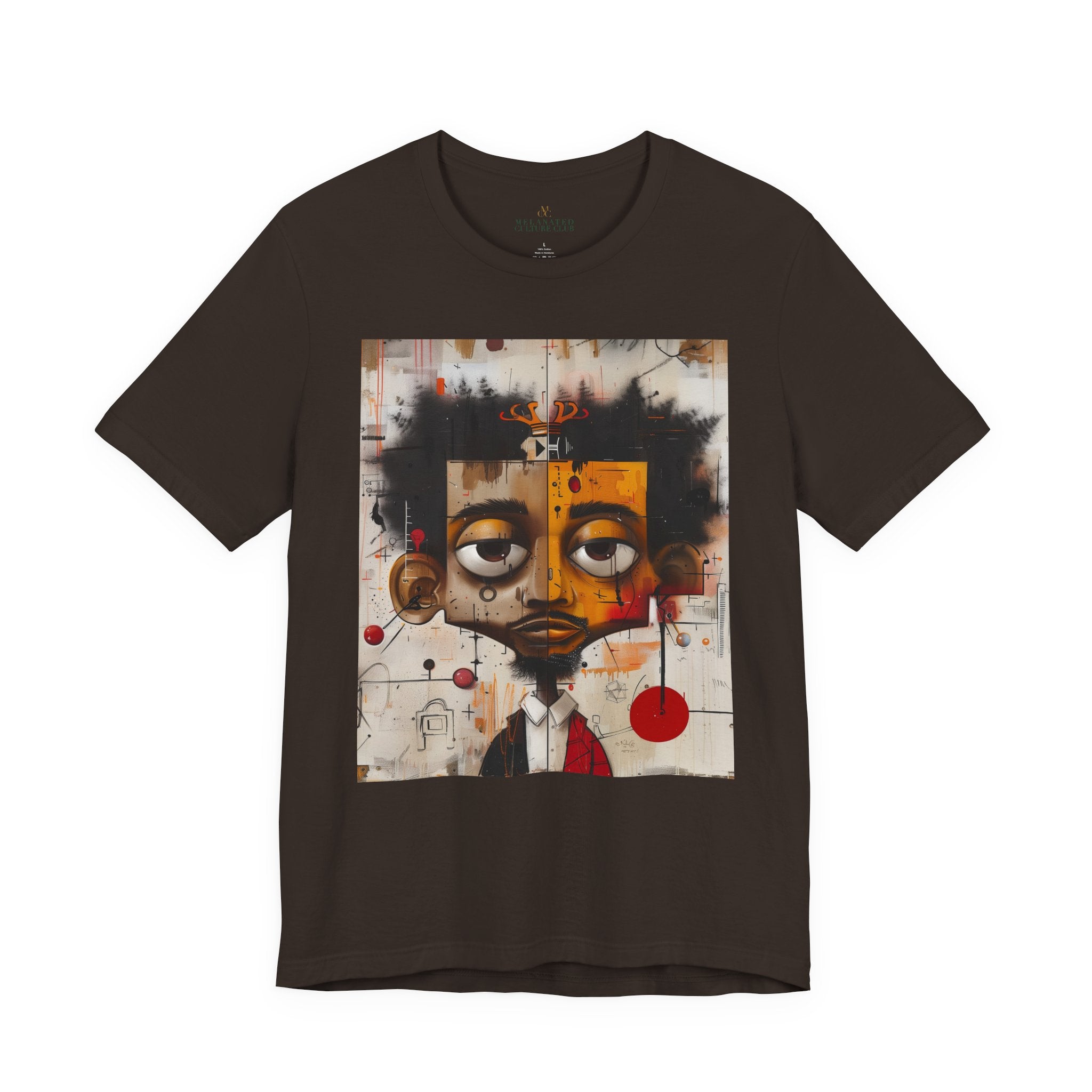 Abstract Afrocentric t-shirt featuring a split-face portrait of a Black man, half human and half robot, with expressive facial features and futuristic mechanical details in an Afrofuturism art style. Series 05
