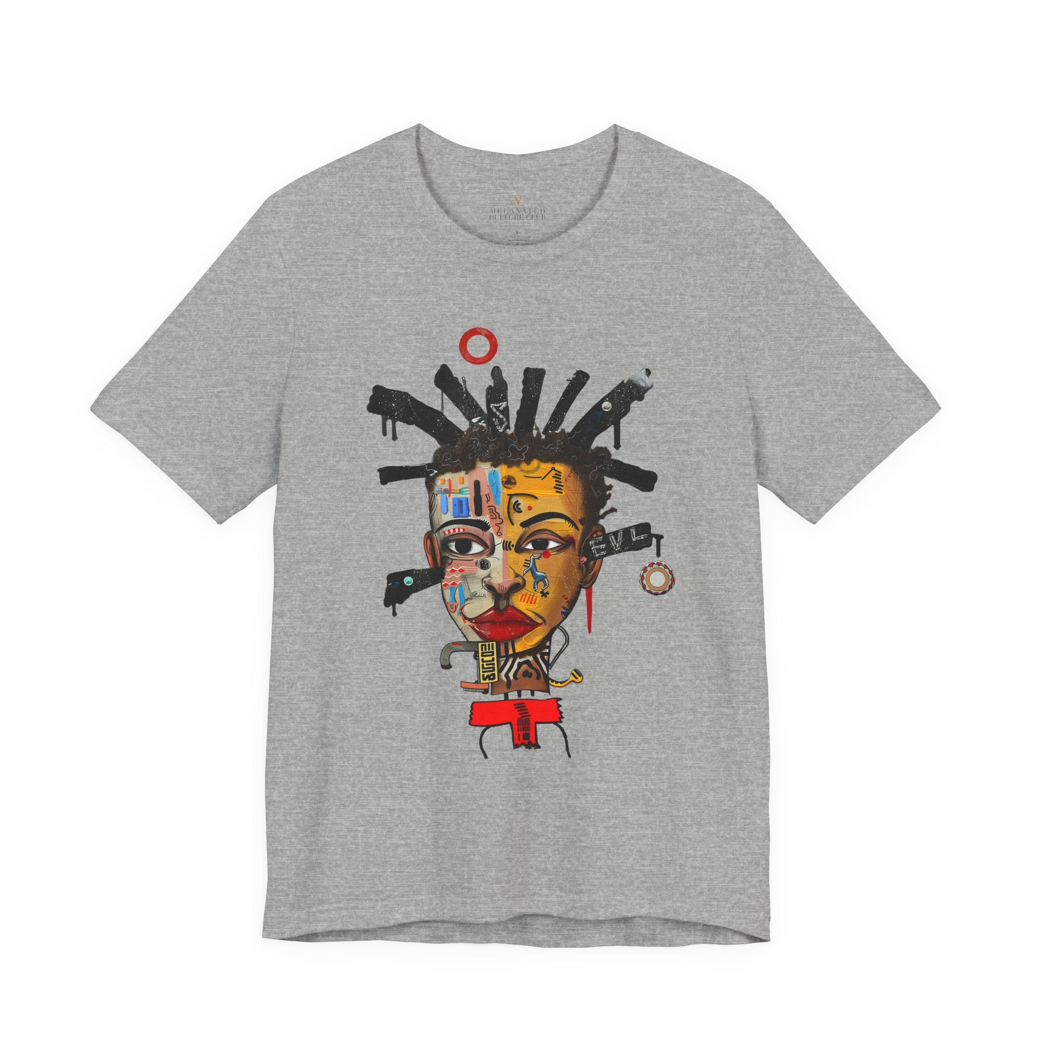 Abstract Afrocentric t-shirt featuring a split-face portrait of a Black man, half human and half robot, with expressive facial features and futuristic mechanical details in an Afrofuturism art style. Series 02