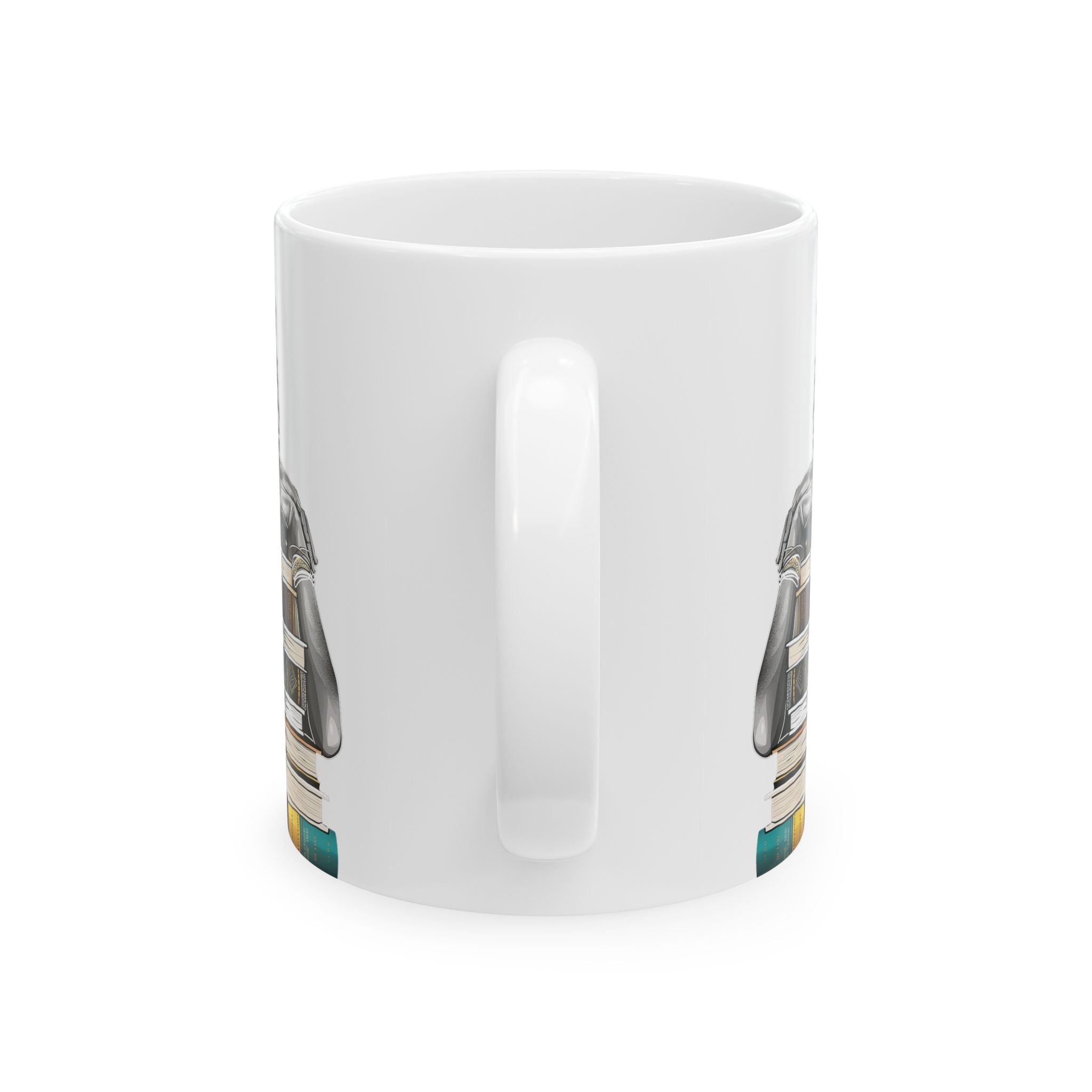 White coffee mug featuring an Afrocentric illustration of a peaceful Black woman embracing books, symbolizing education, knowledge, freedom, and generational legacy.