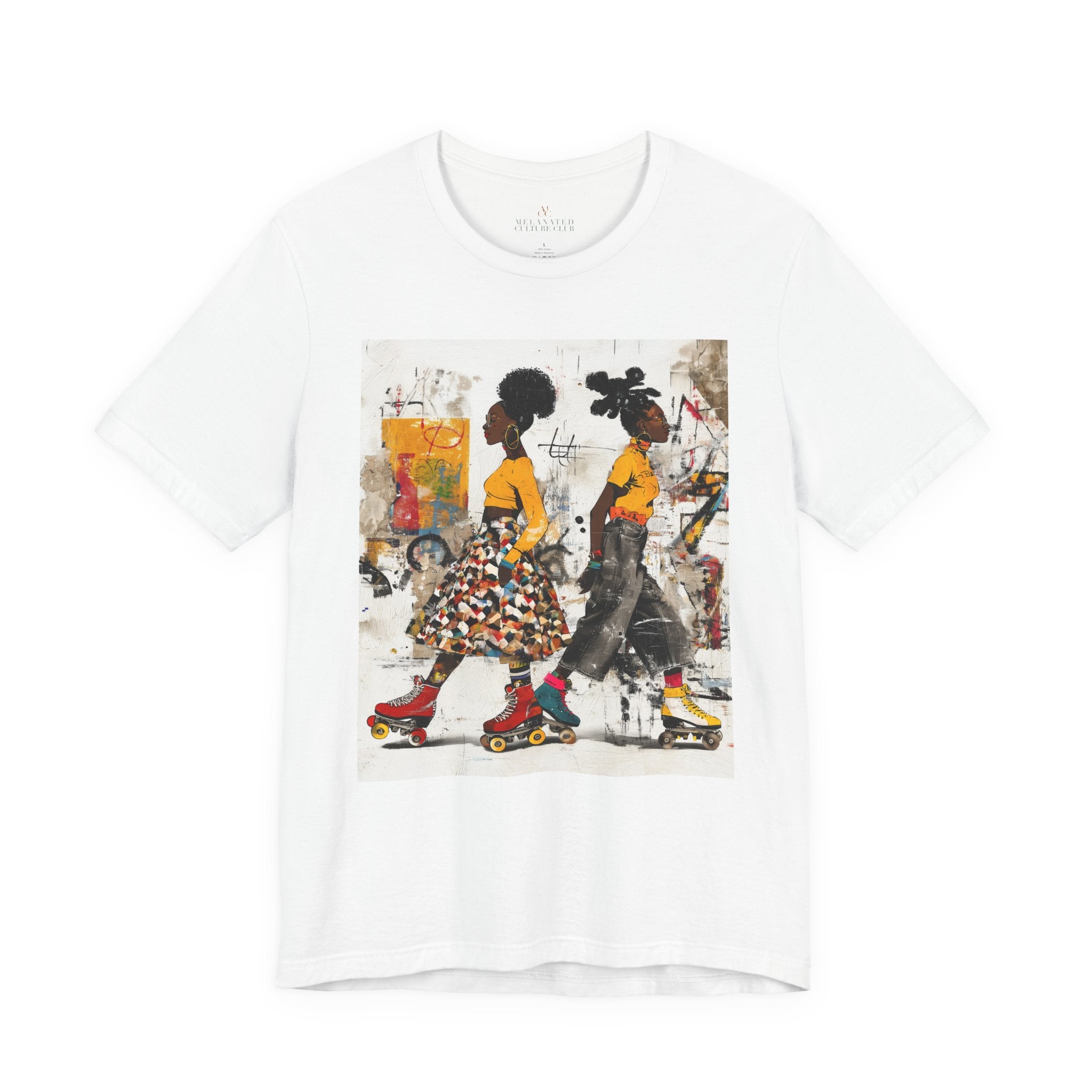 Two Black women with natural hairstyles wearing bold streetwear and roller skates, standing against a colorful abstract graffiti background on an Afrocentric graphic t-shirt.