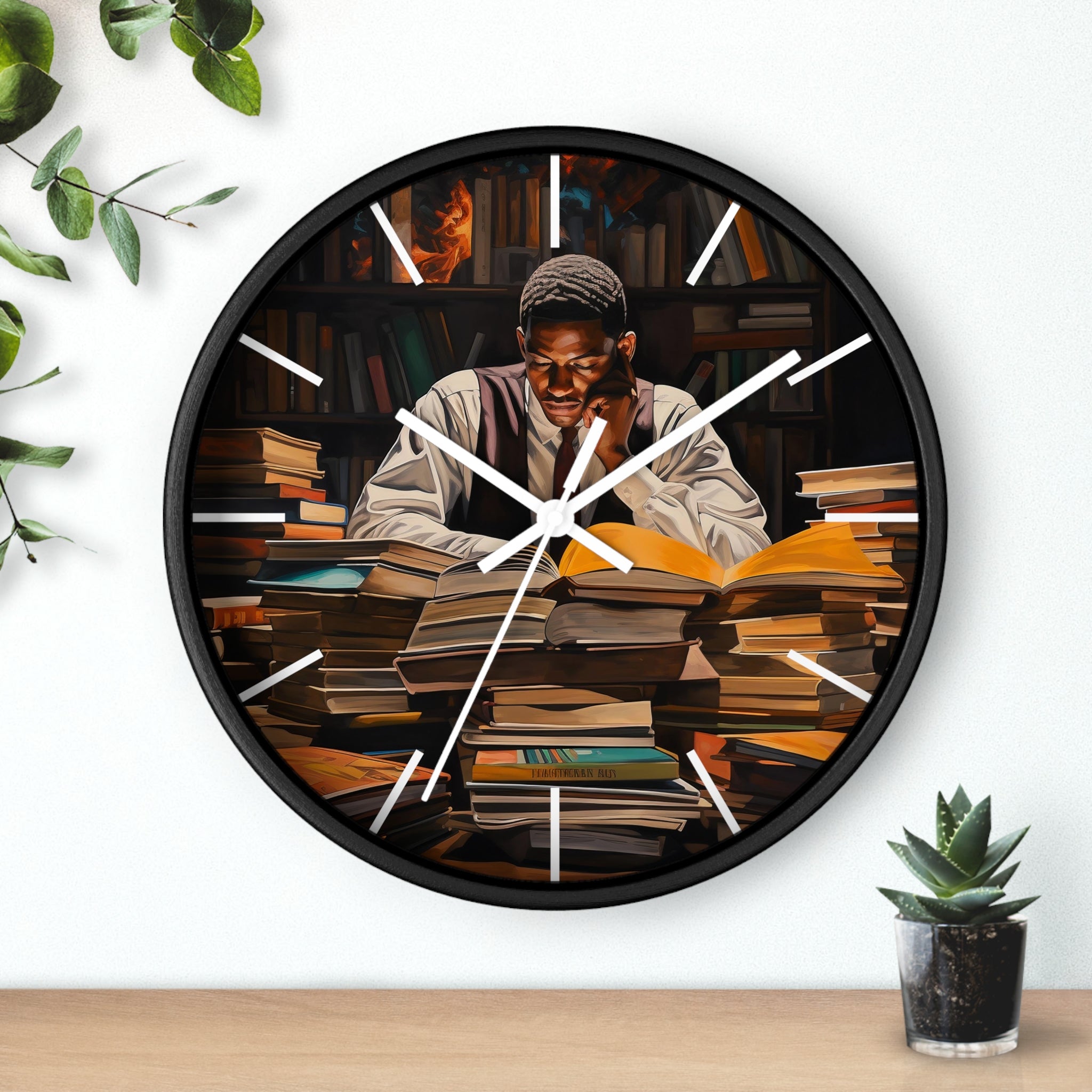 Black Man Law Student Round Wall Clock featuring an African American male scholar studying in a library setting. Afrocentric wall art symbolizing education, focus, and academic excellence.