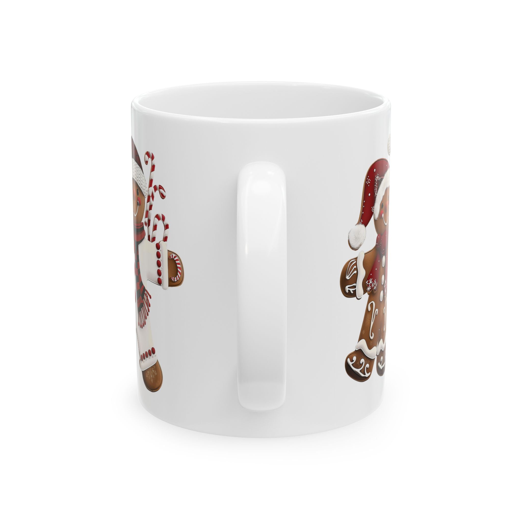 Gingerbread Cookie Couple Coffee Mug featuring a festive gingerbread couple design, Christmas holiday beverage mug perfect for coffee, tea, and hot cocoa, available in 11 oz and 15 oz sizes.