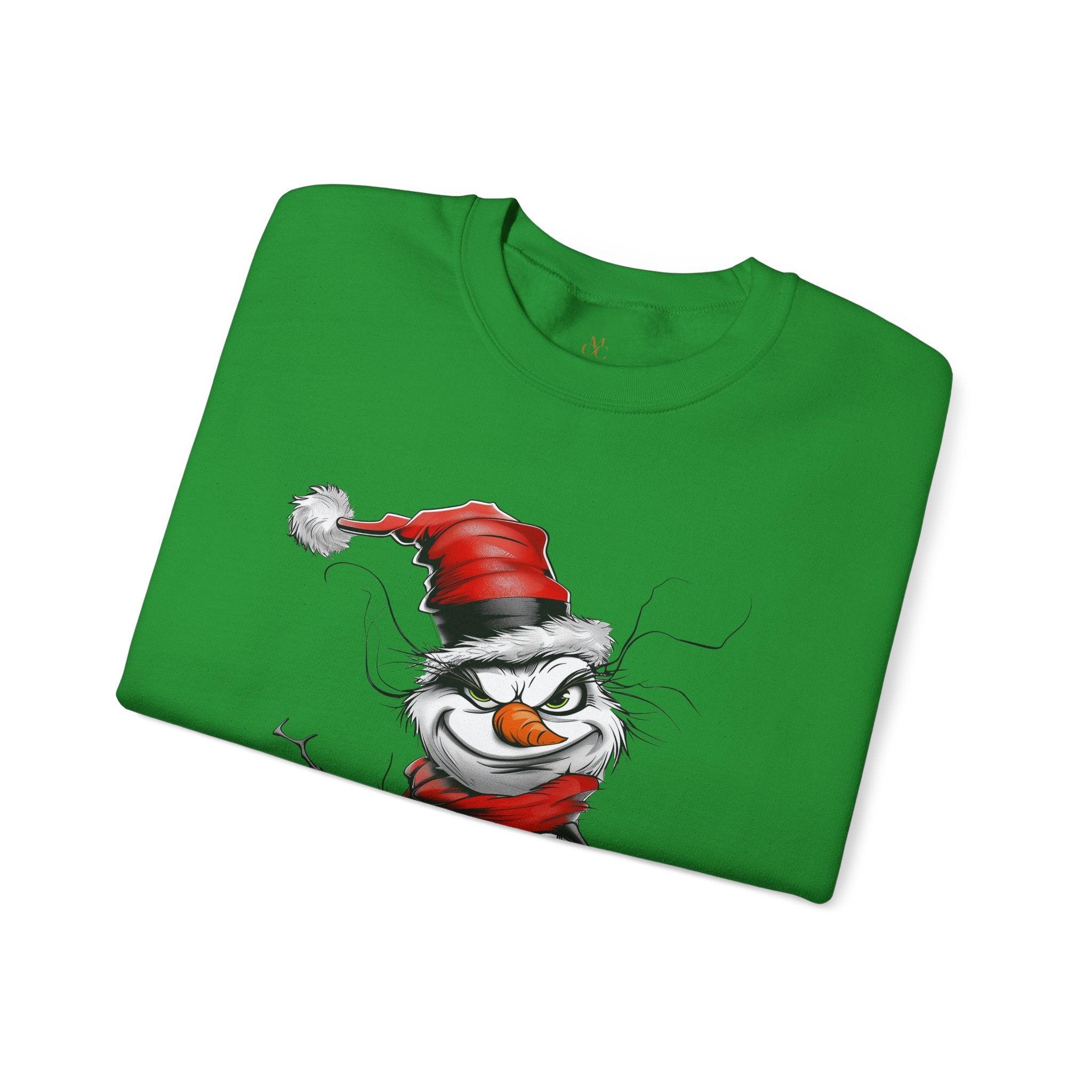 Snowman Grinch Sweatshirt featuring a unique snowman with a naughty, Grinch-inspired face – festive holiday Christmas sweater perfect for parties and seasonal wear.