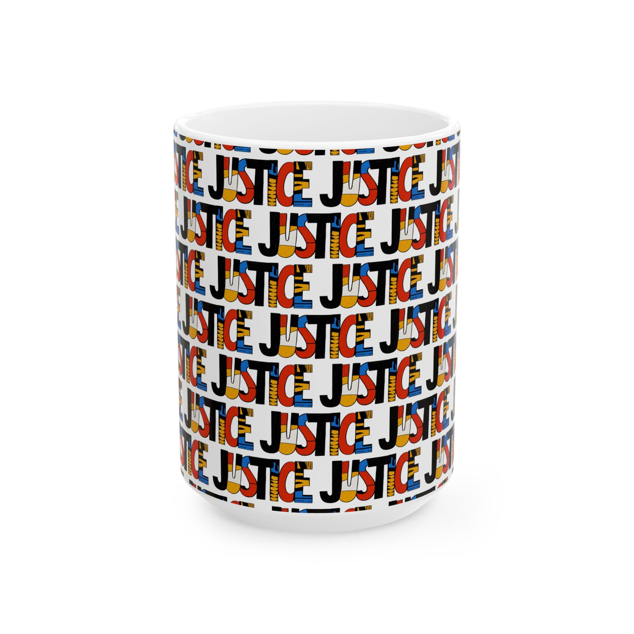 A white ceramic mug featuring a repeating 'JUSTICE' text pattern in black, red, blue, and yellow, shown on a clean white background, 11 oz size, front view.