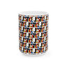 A white ceramic mug featuring a repeating 'JUSTICE' text pattern in black, red, blue, and yellow, shown on a clean white background, 11 oz size, front view.