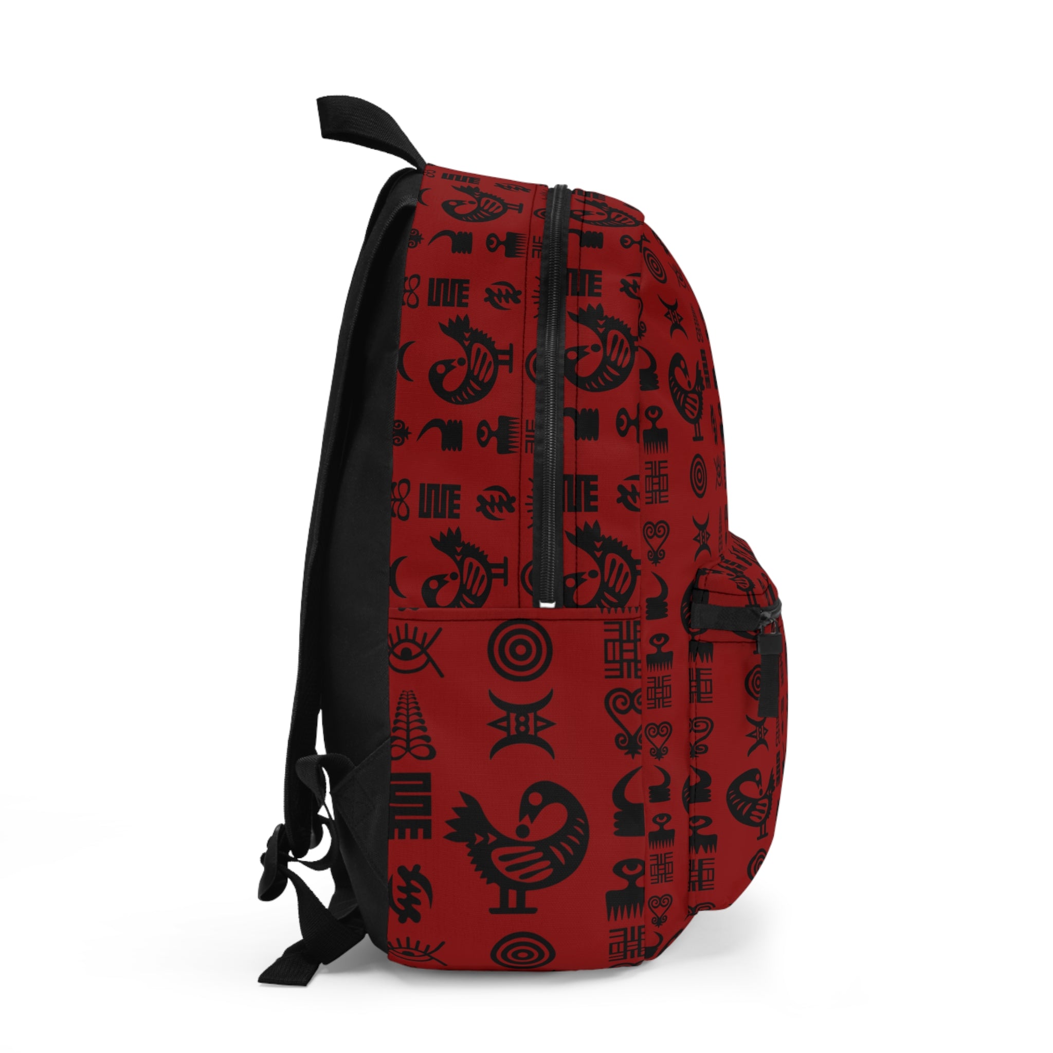 Backpack for school and travel featuring traditional Ghanaian Adinkra symbols in an Afrocentric pattern celebrating African heritage, culture, wisdom, and unity.