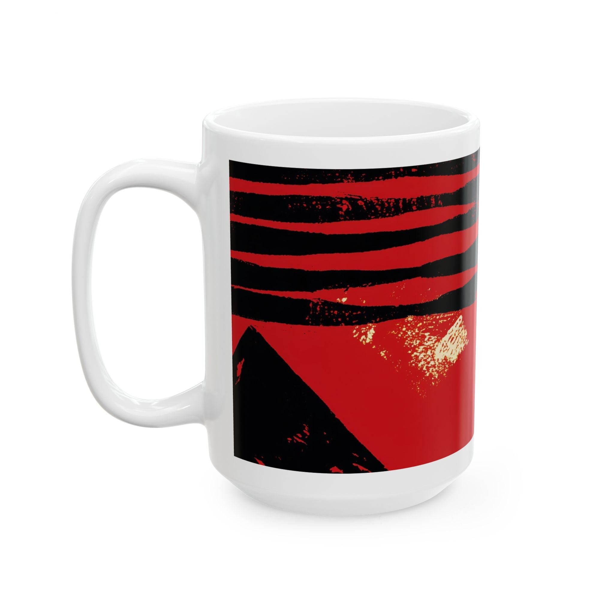 Left handle view of 15 oz. red, black and cream abstract art coffee mug featuring bold geometric circles, stripes, organic shapes and a Bauhaus-inspired modern design, displayed against a white background.