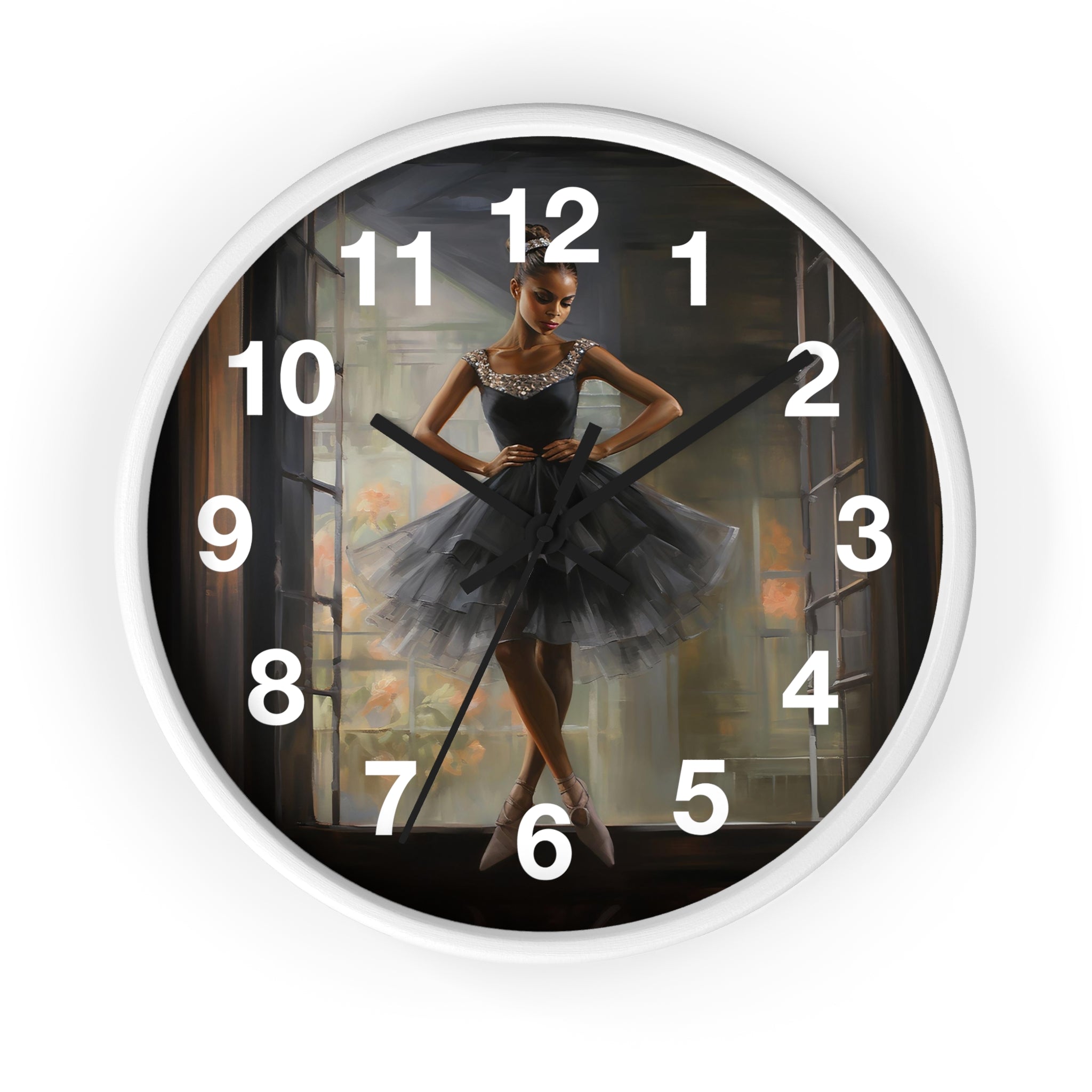 Black Girl Ballerina Round Wall Clock featuring an African American ballerina in a graceful pose, with detailed tutu folds and ballet slippers.