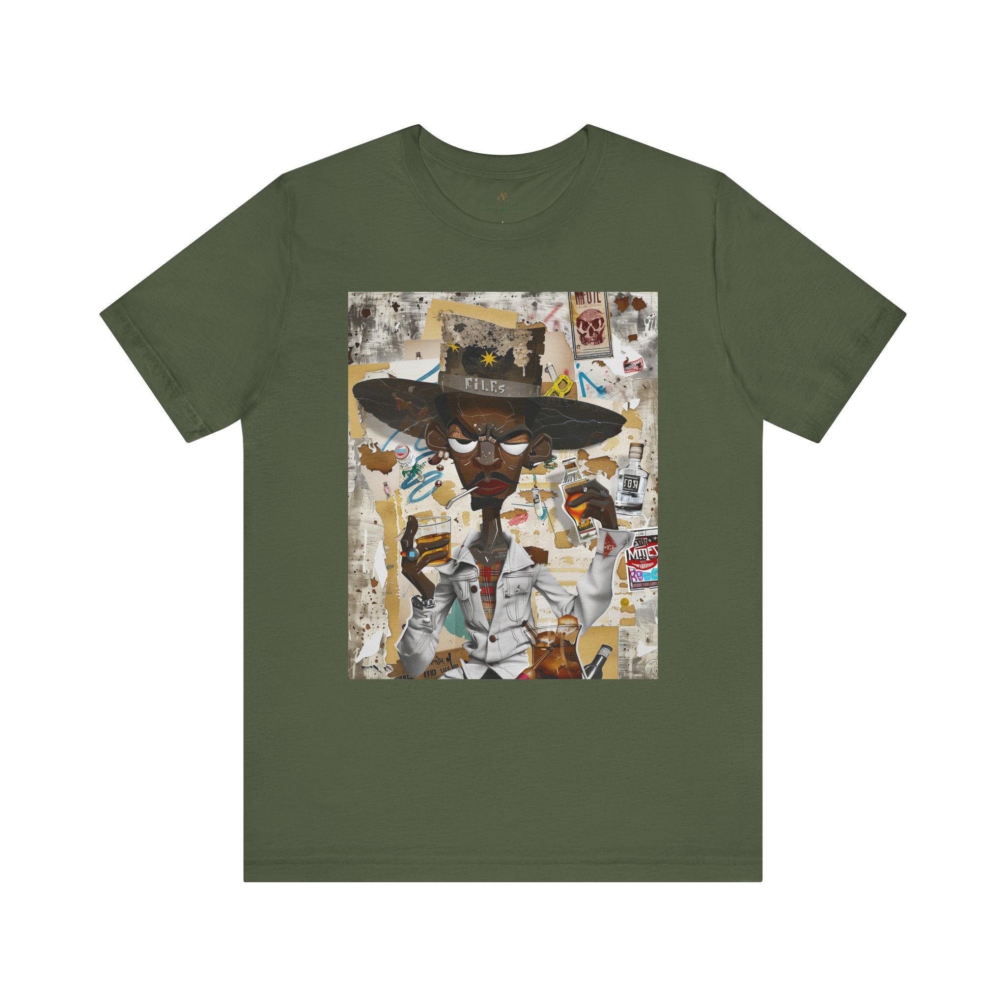 Afrocentric Black Cowboy Tee Cartoon Style Graffiti - Style 08 in military green