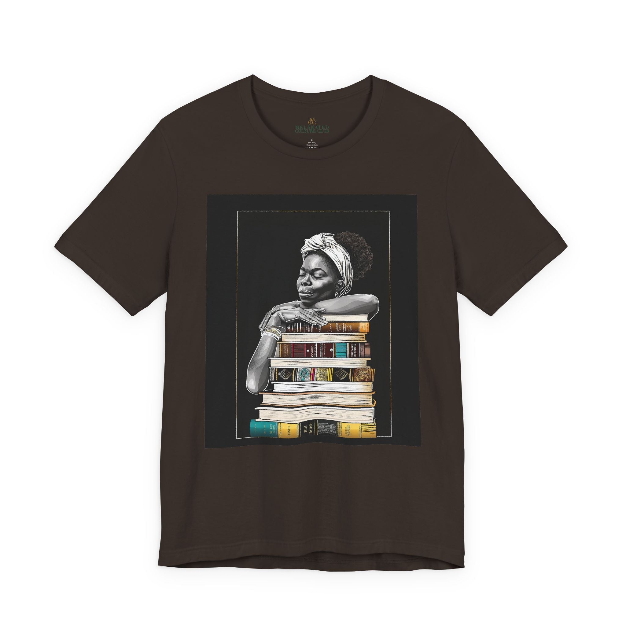 Afrocentric graphic tee shirt featuring a peaceful Black woman embracing a stack of books, symbolizing education, knowledge, freedom, and generational legacy.