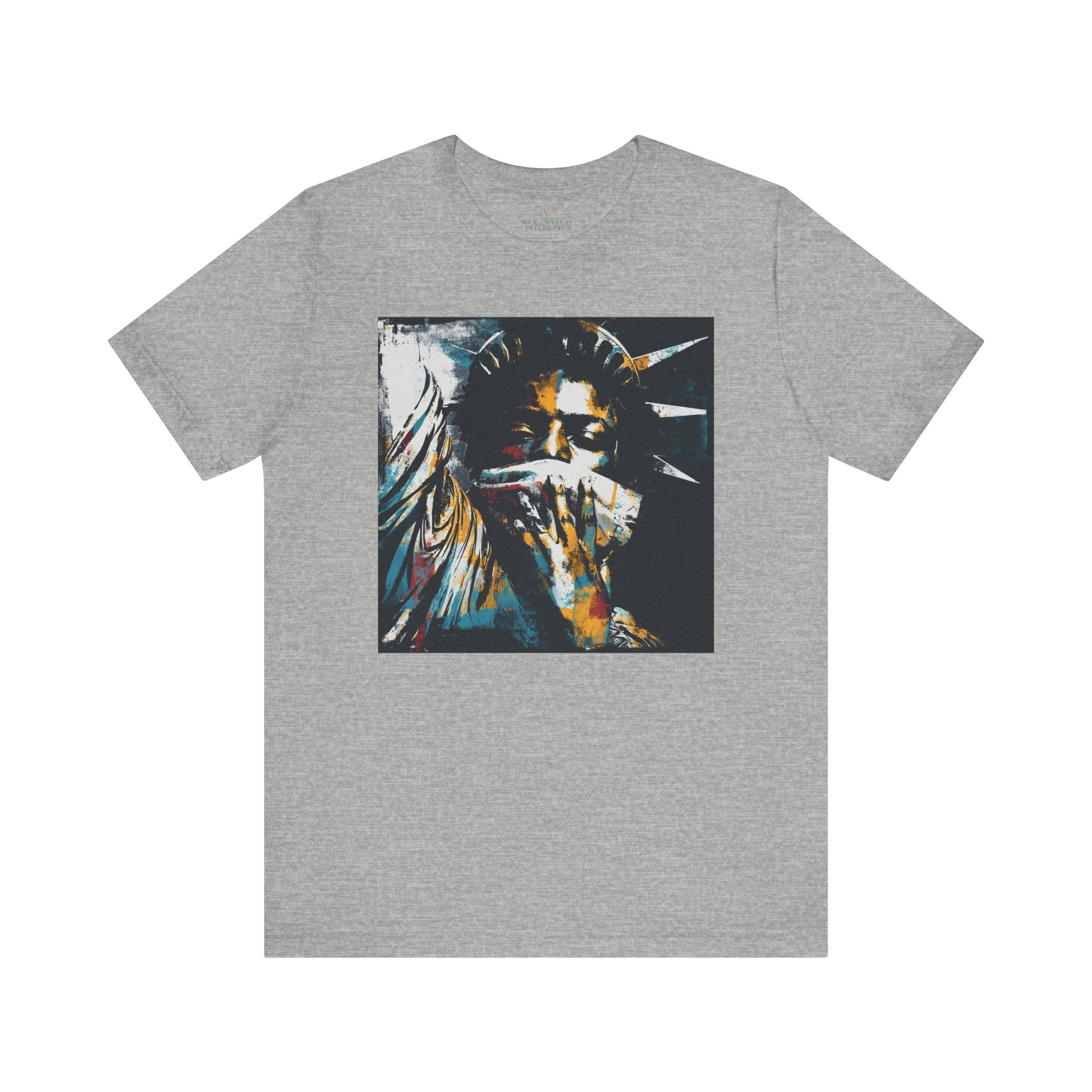Black woman depicted as Statue of Liberty with mouth covered by white cloth symbolizing silenced freedom of speech First Amendment protest art on tee shirt.