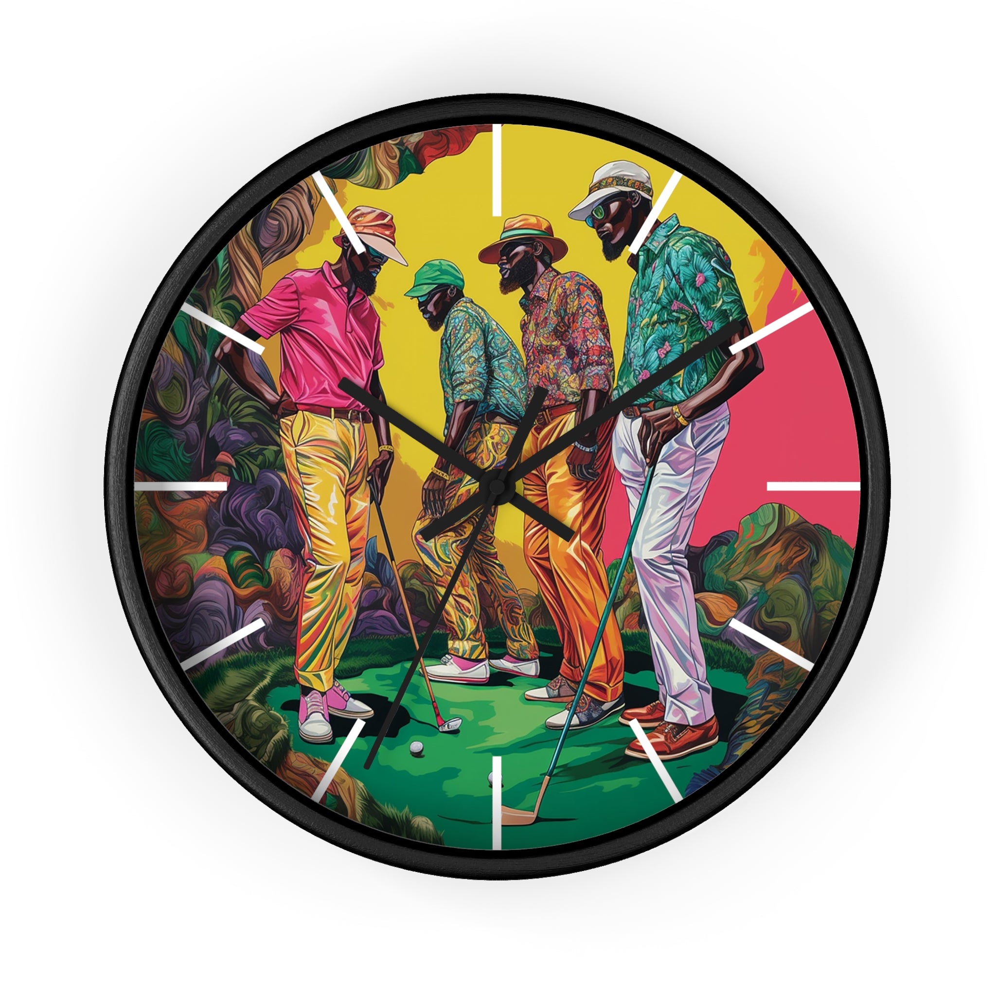 Black Men Playing Golf Wall Clock featuring African American golfers on the green. Afrocentric sports wall decor celebrating Black men in golf, leisure, and culture.