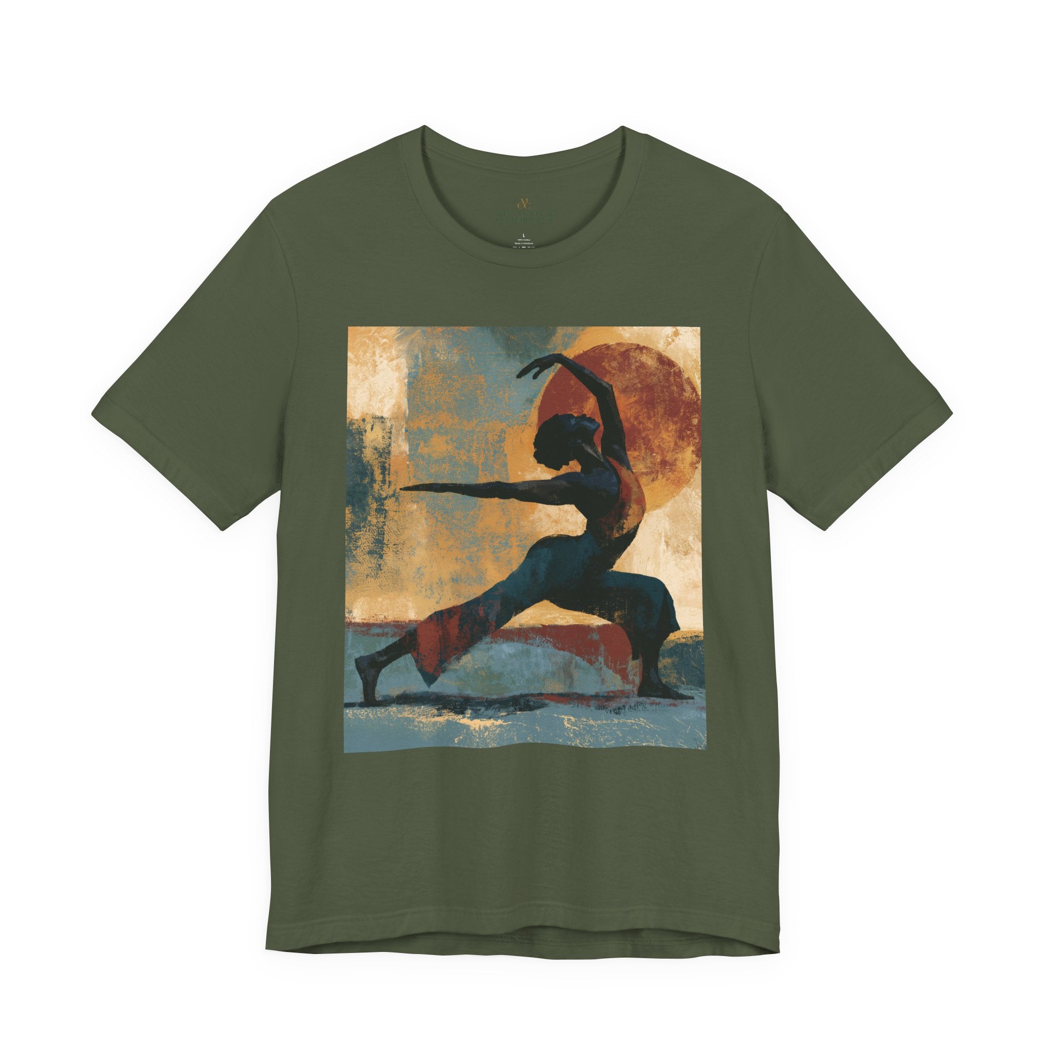 A military green colored short-sleeve crewneck t-shirt featuring a Black woman in a yoga pose against a warm, abstract sunset background.