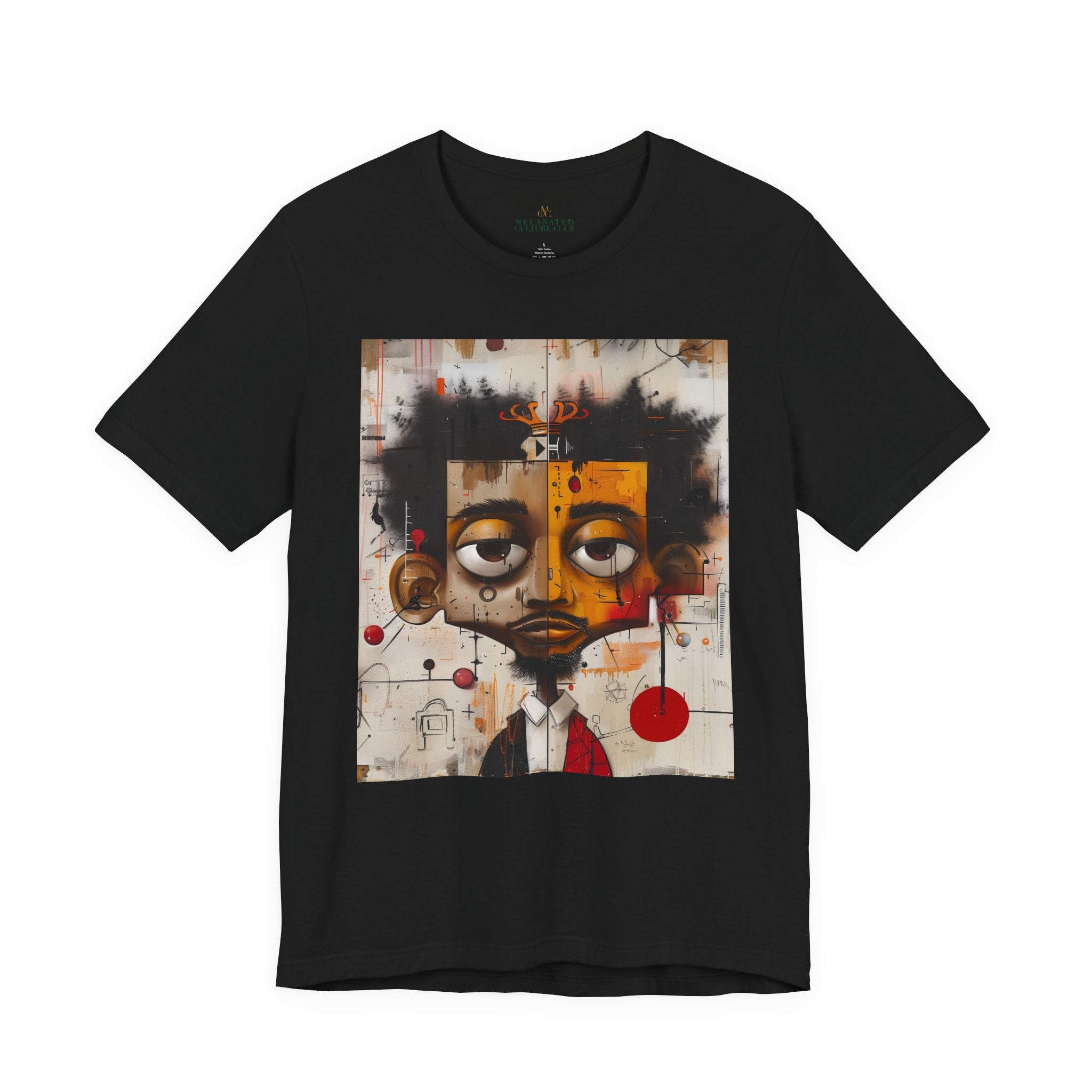 Abstract Afrocentric t-shirt featuring a split-face portrait of a Black man, half human and half robot, with expressive facial features and futuristic mechanical details in an Afrofuturism art style. Series 05
