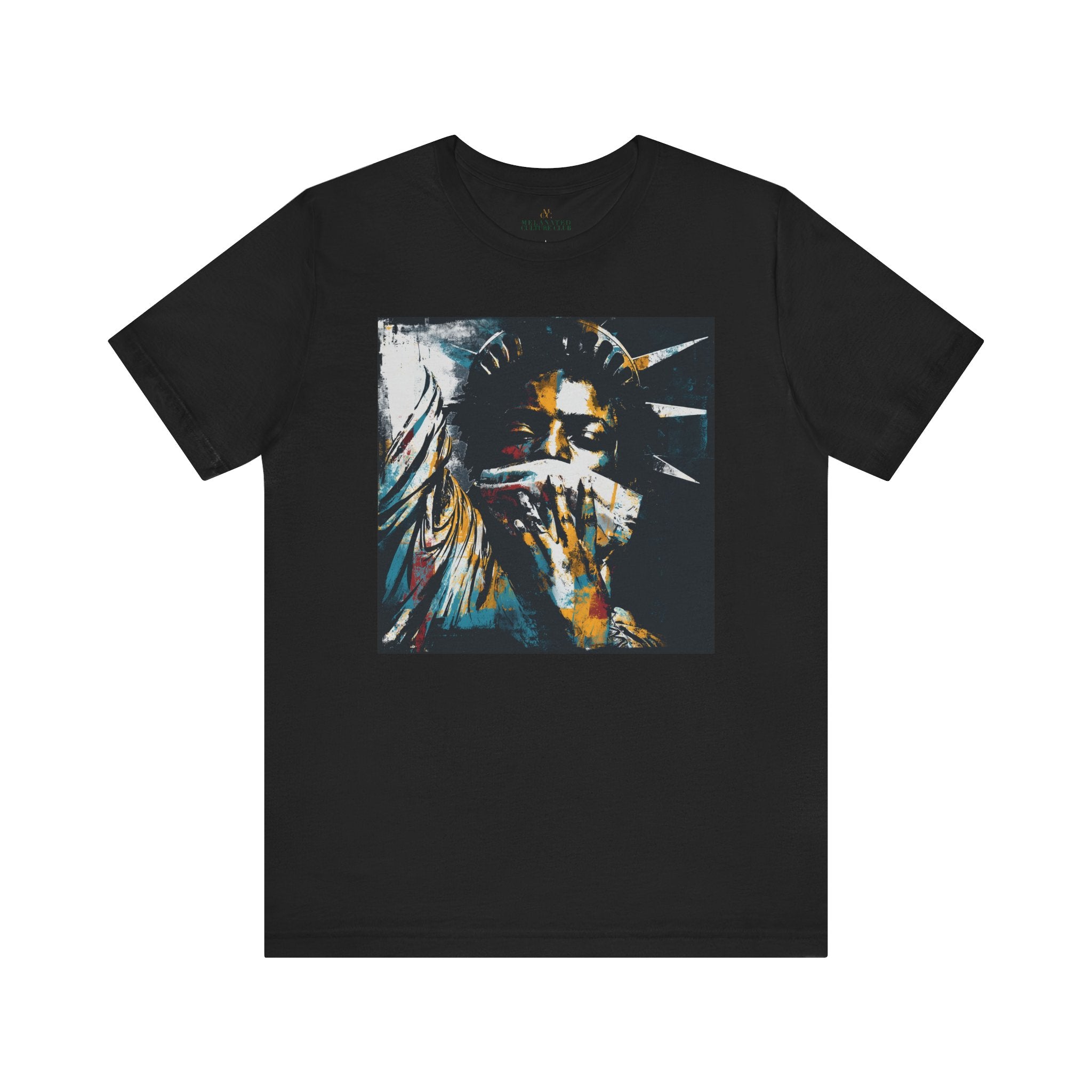 Black woman depicted as Statue of Liberty with mouth covered by white cloth symbolizing silenced freedom of speech First Amendment protest art on tee shirt.