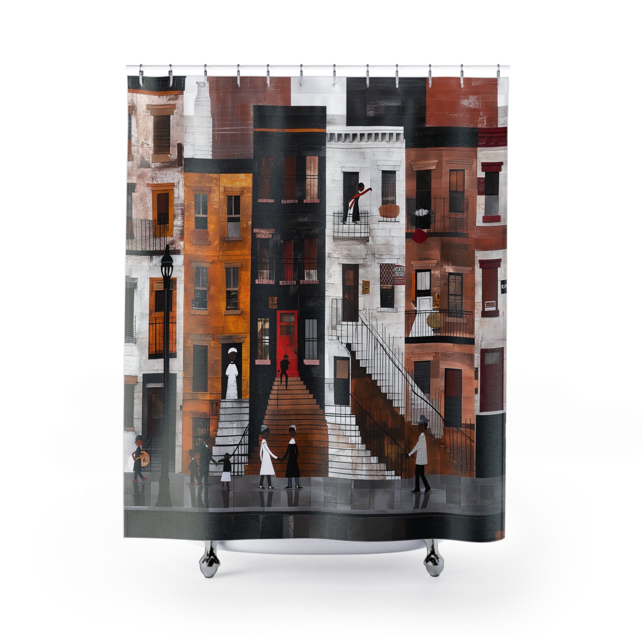 Harlem Neighborhood Shower Curtain featuring abstract brownstones and street life, Afrocentric bathroom decor inspired by Harlem culture.