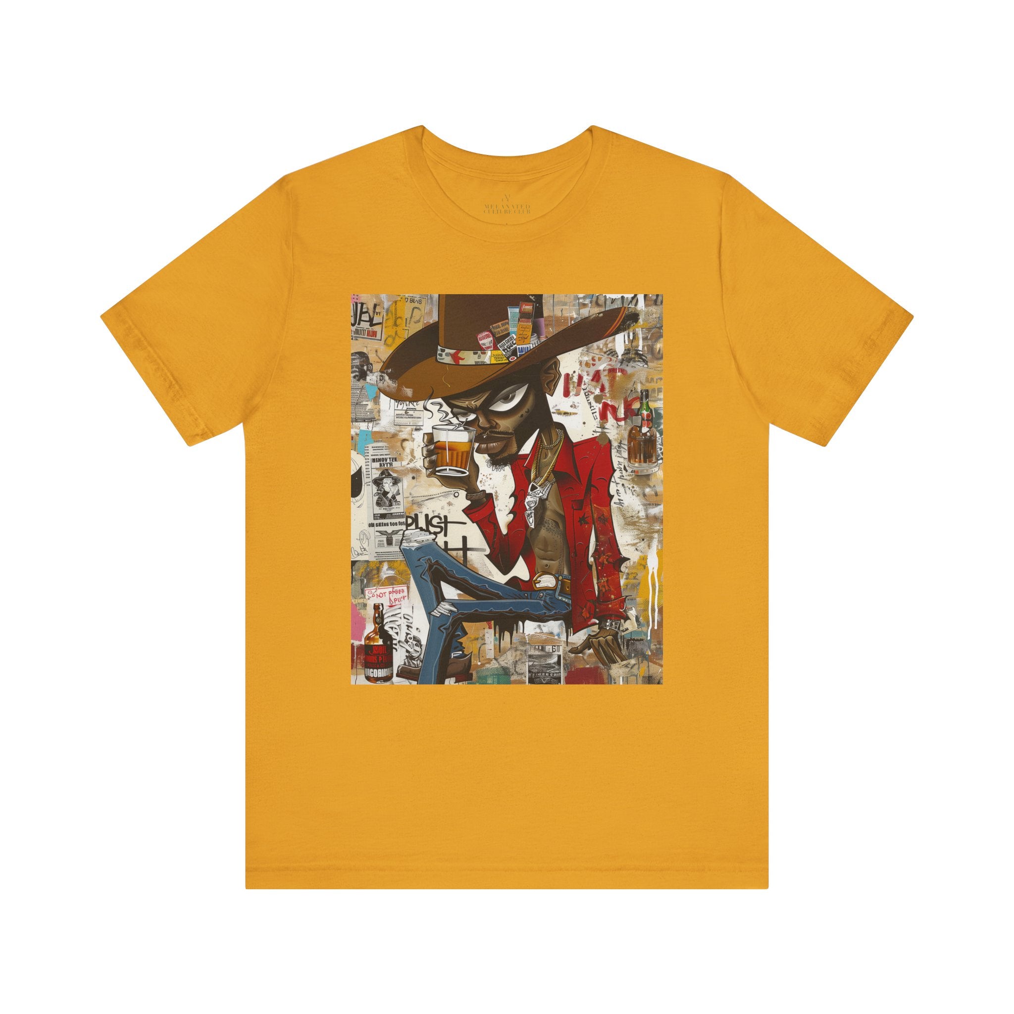 Black Cowboy Tee Cartoon Style in mustard.