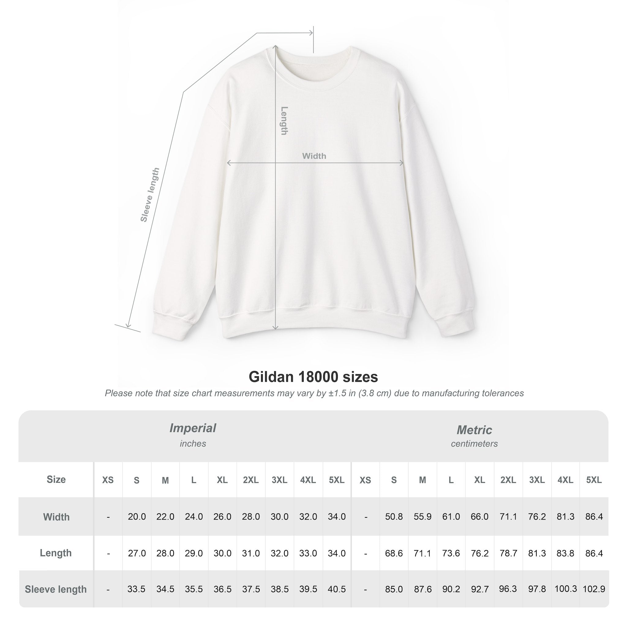 Gildan 18000 Sizes for Unisex Sweatshirt
